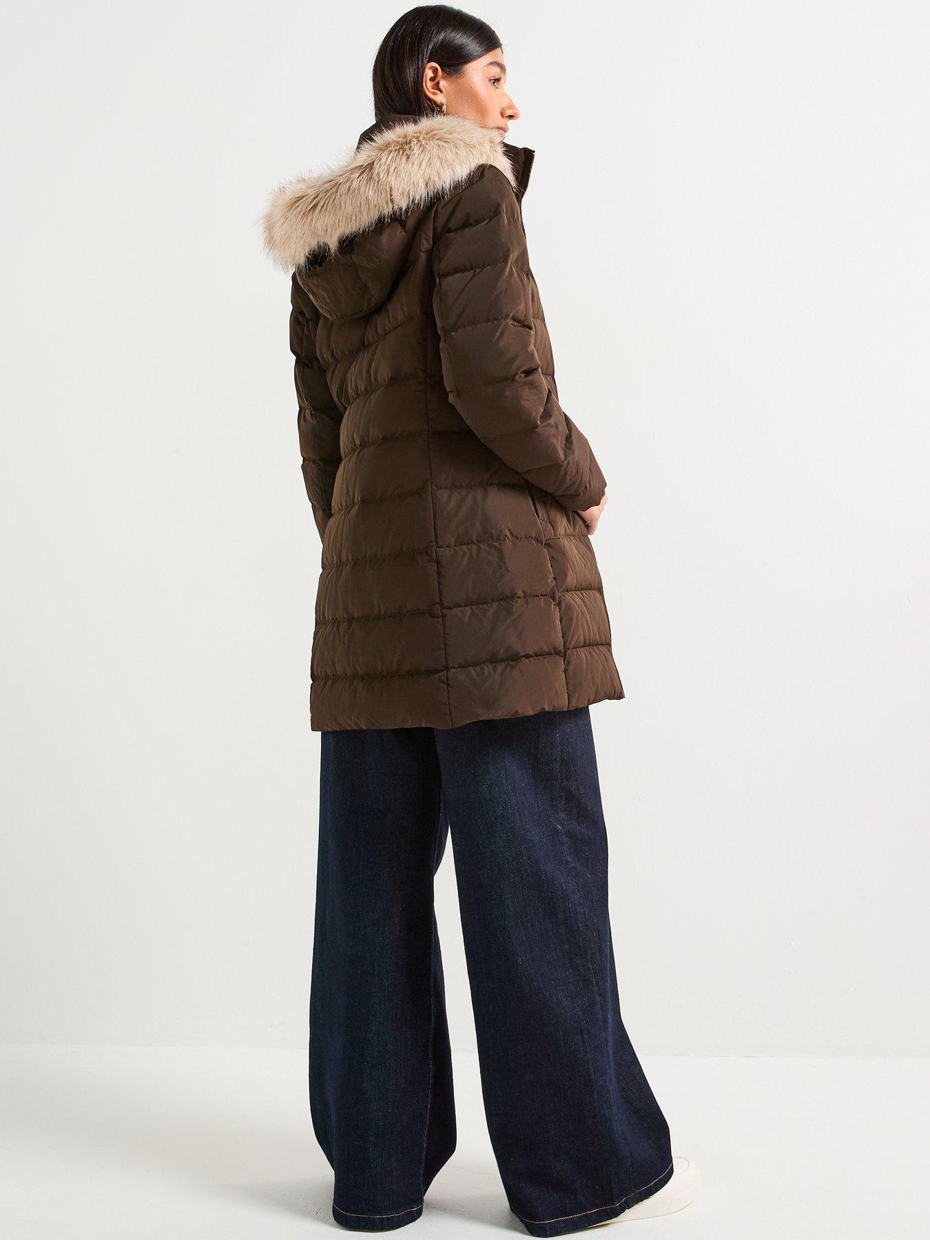Image 2 of 6 of Tommy Hilfiger Mid Length Puffer Slim Coat With Fur Hood - Brown