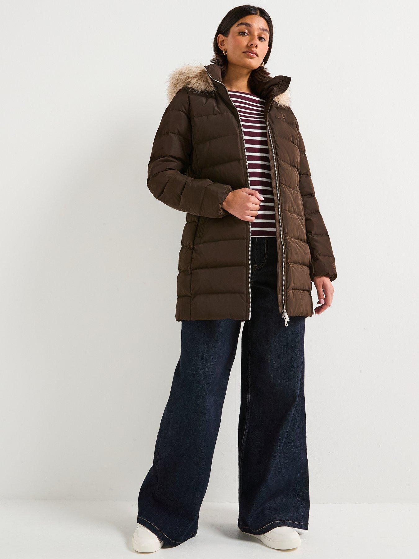 Image 3 of 6 of Tommy Hilfiger Mid Length Puffer Slim Coat With Fur Hood - Brown