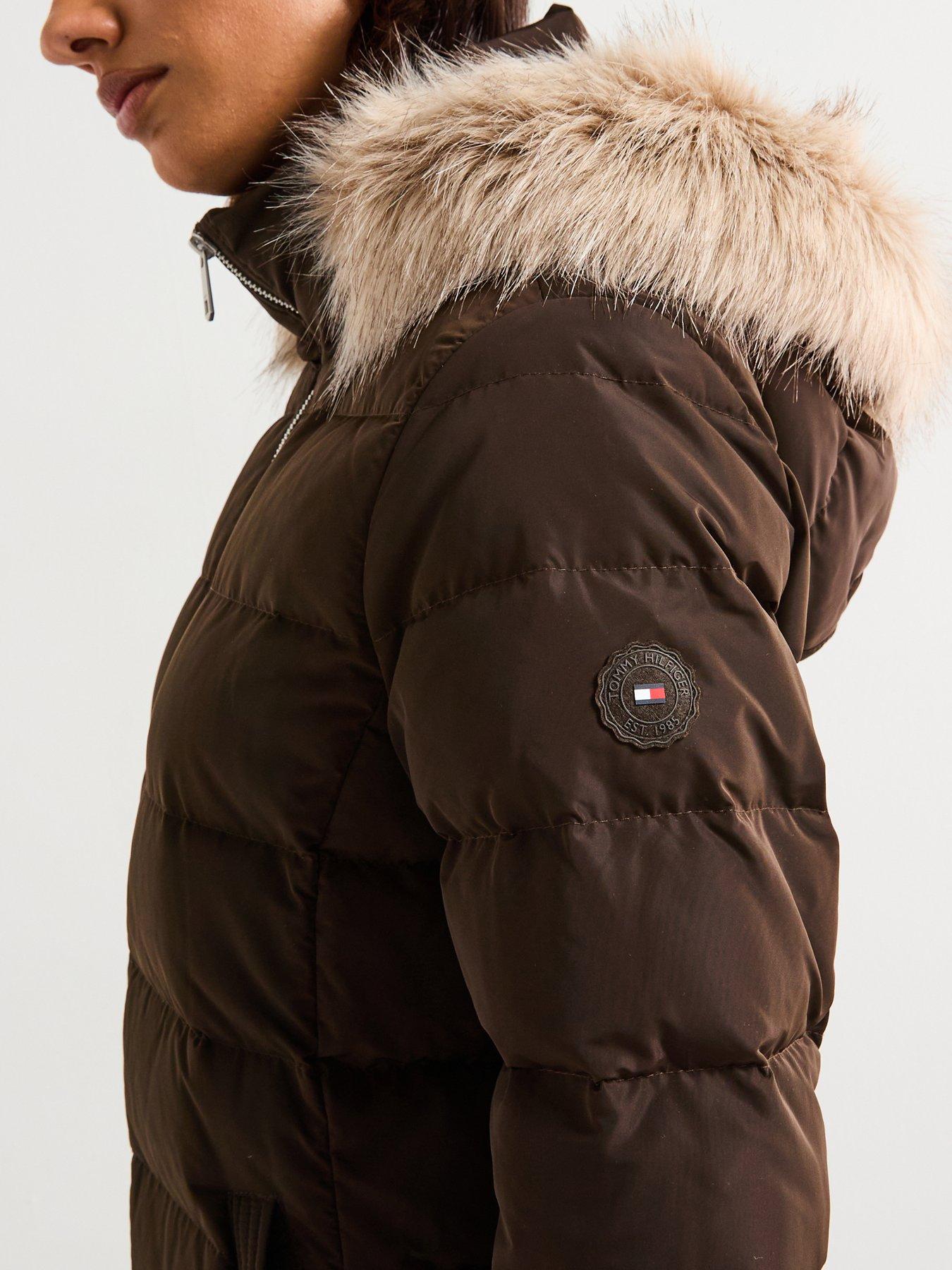Image 4 of 6 of Tommy Hilfiger Mid Length Puffer Slim Coat With Fur Hood - Brown
