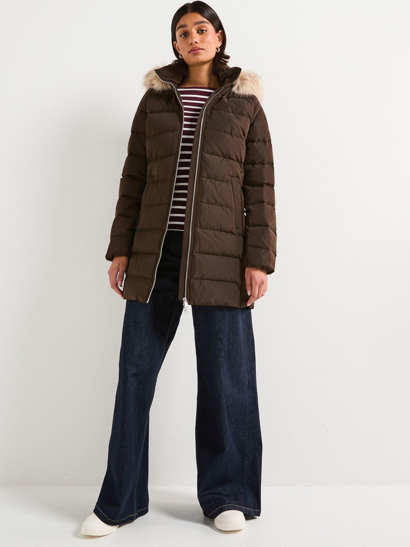 Image 5 of 6 of Tommy Hilfiger Mid Length Puffer Slim Coat With Fur Hood - Brown