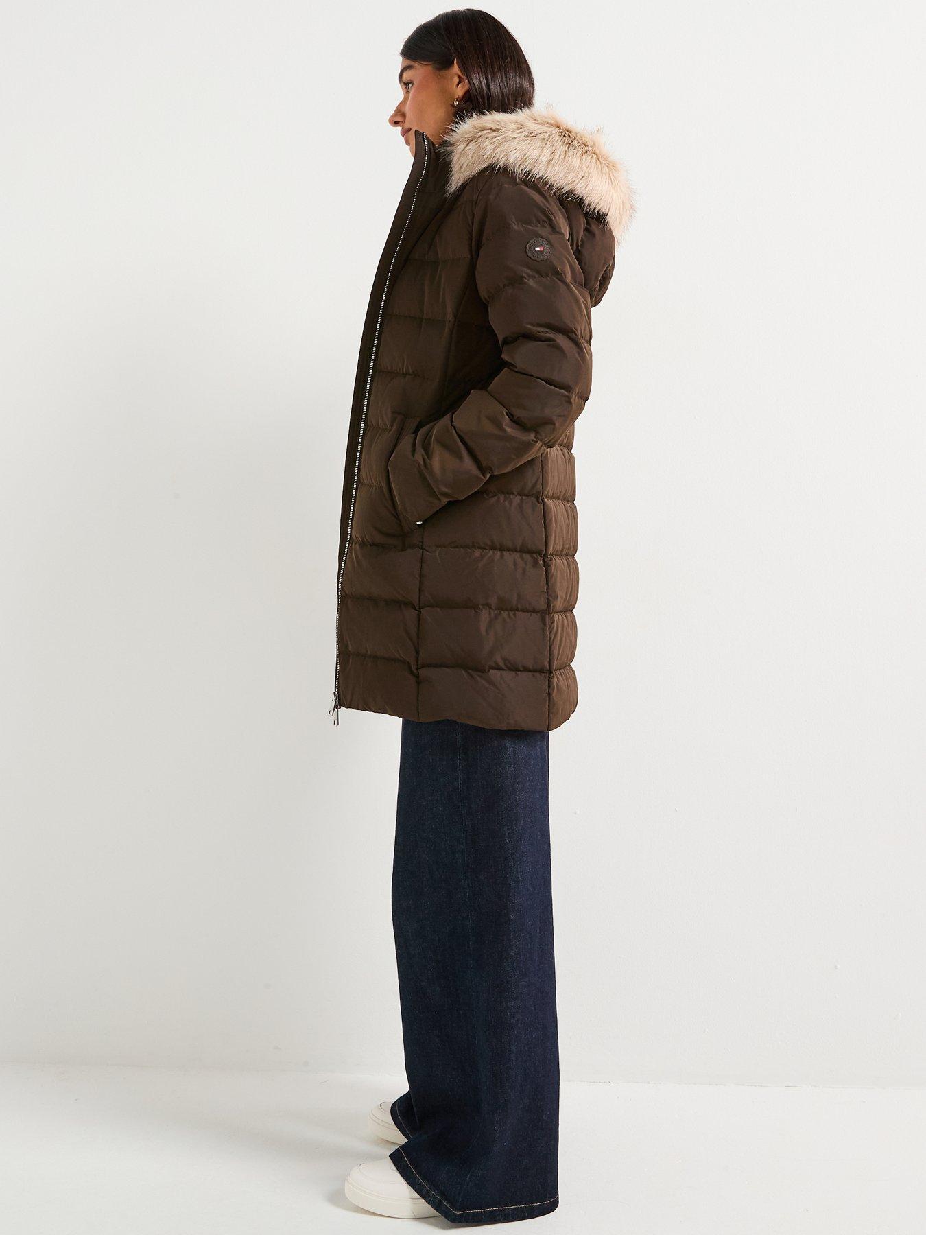 Image 6 of 6 of Tommy Hilfiger Mid Length Puffer Slim Coat With Fur Hood - Brown