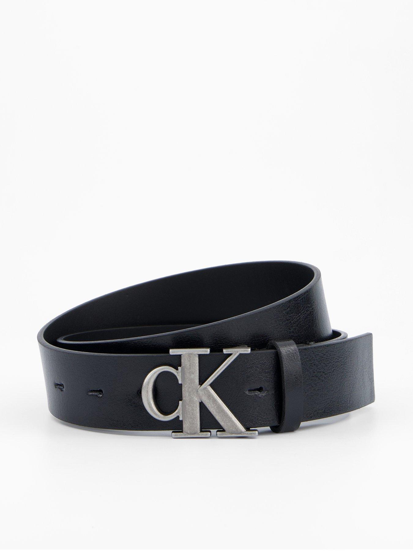 Image 1 of 4 of Calvin Klein Monogram Buckle Leather Belt - Black