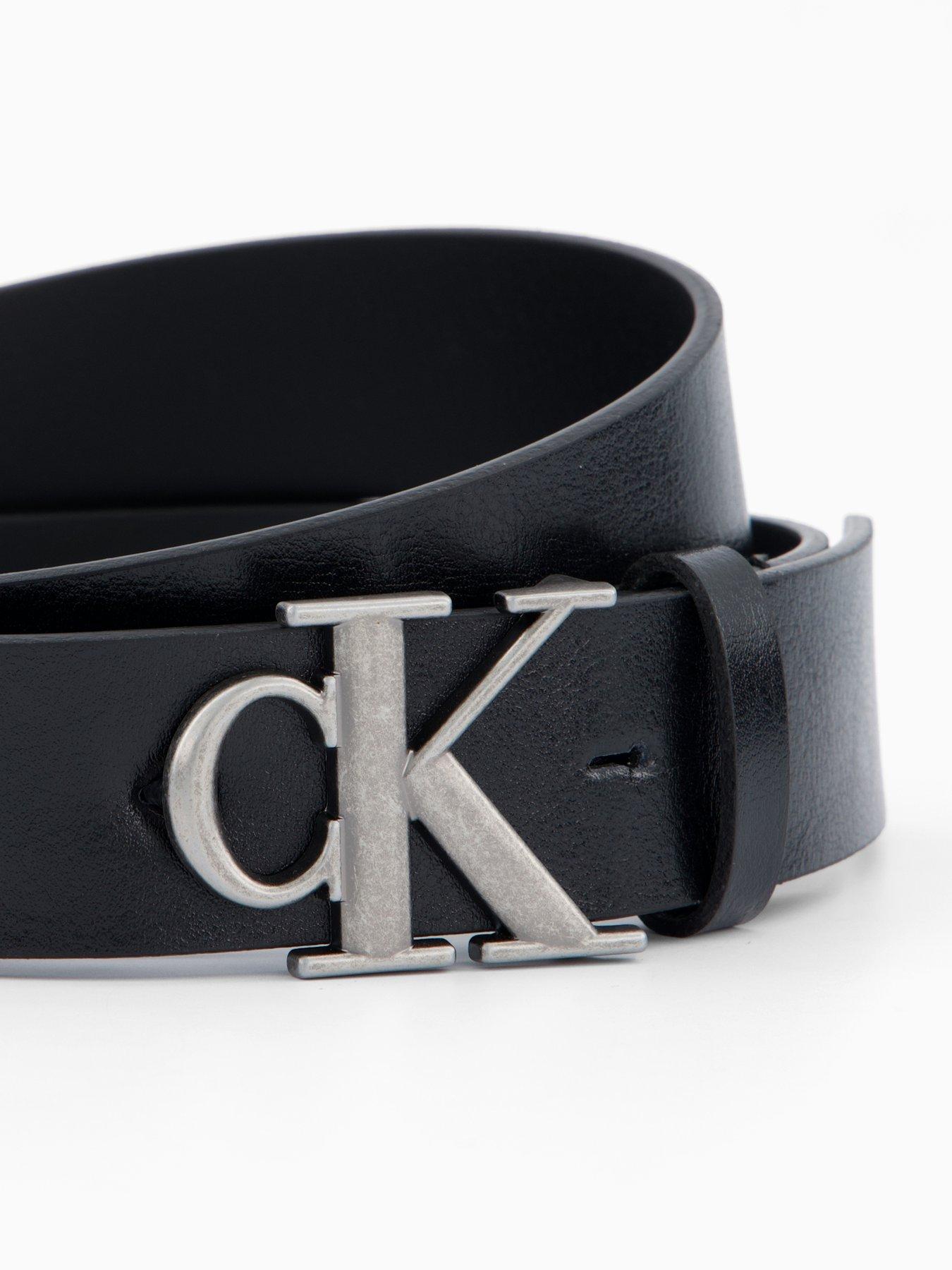 Image 2 of 4 of Calvin Klein Monogram Buckle Leather Belt - Black