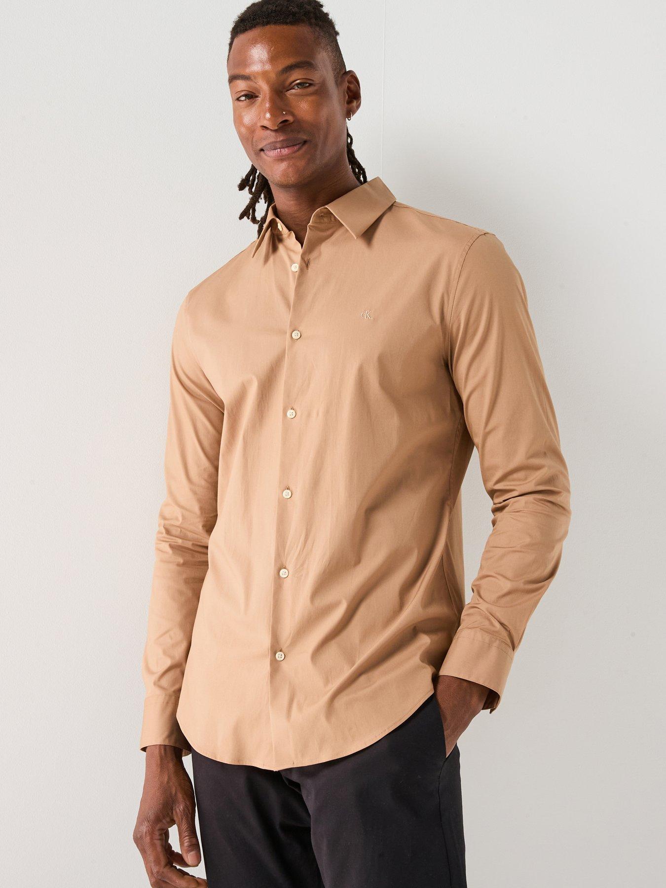 Image 1 of 5 of Calvin Klein Long Sleeve Solid Stretch Slim Fit Shirt - Light Brown