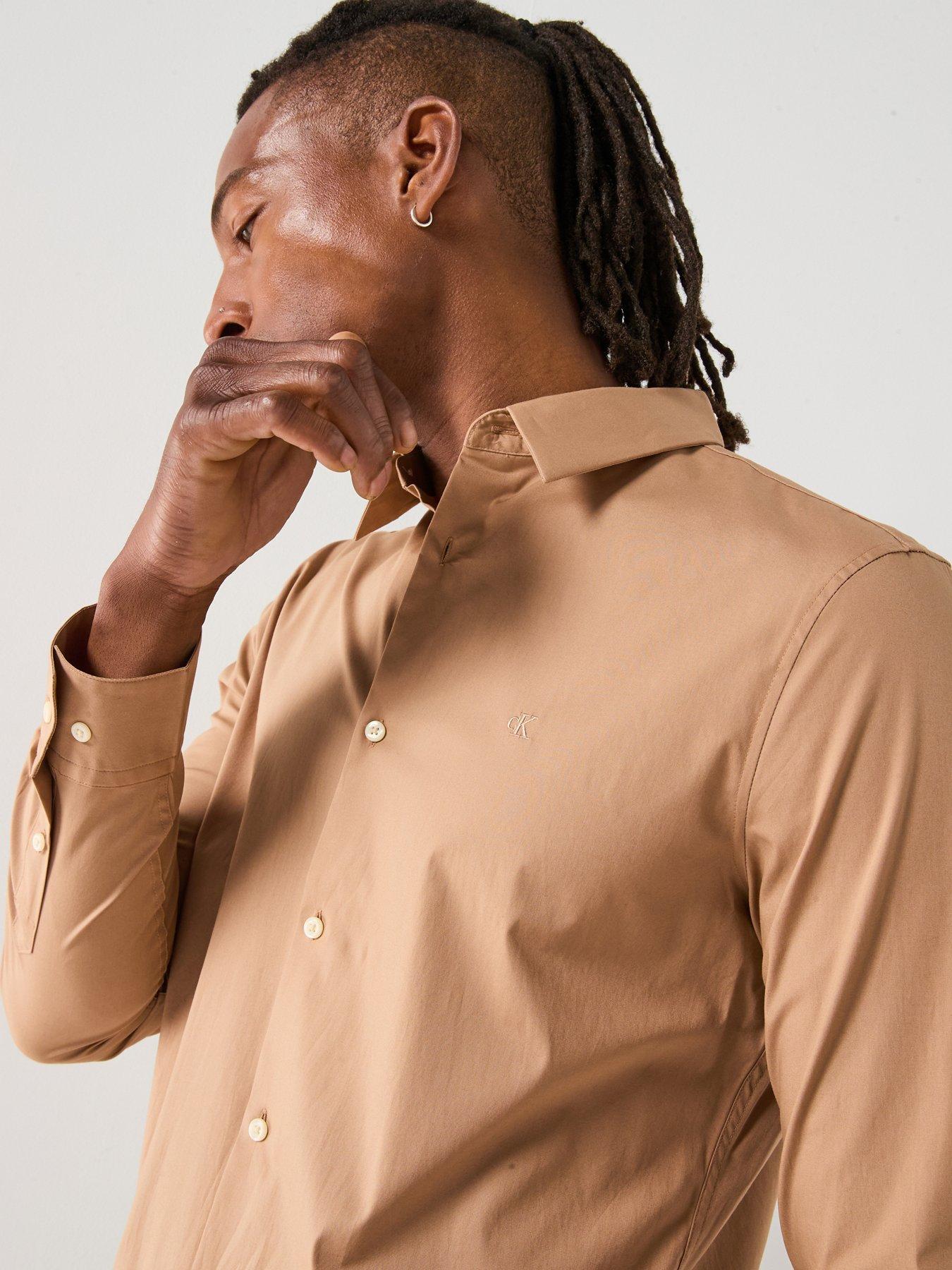 Image 4 of 5 of Calvin Klein Long Sleeve Solid Stretch Slim Fit Shirt - Light Brown