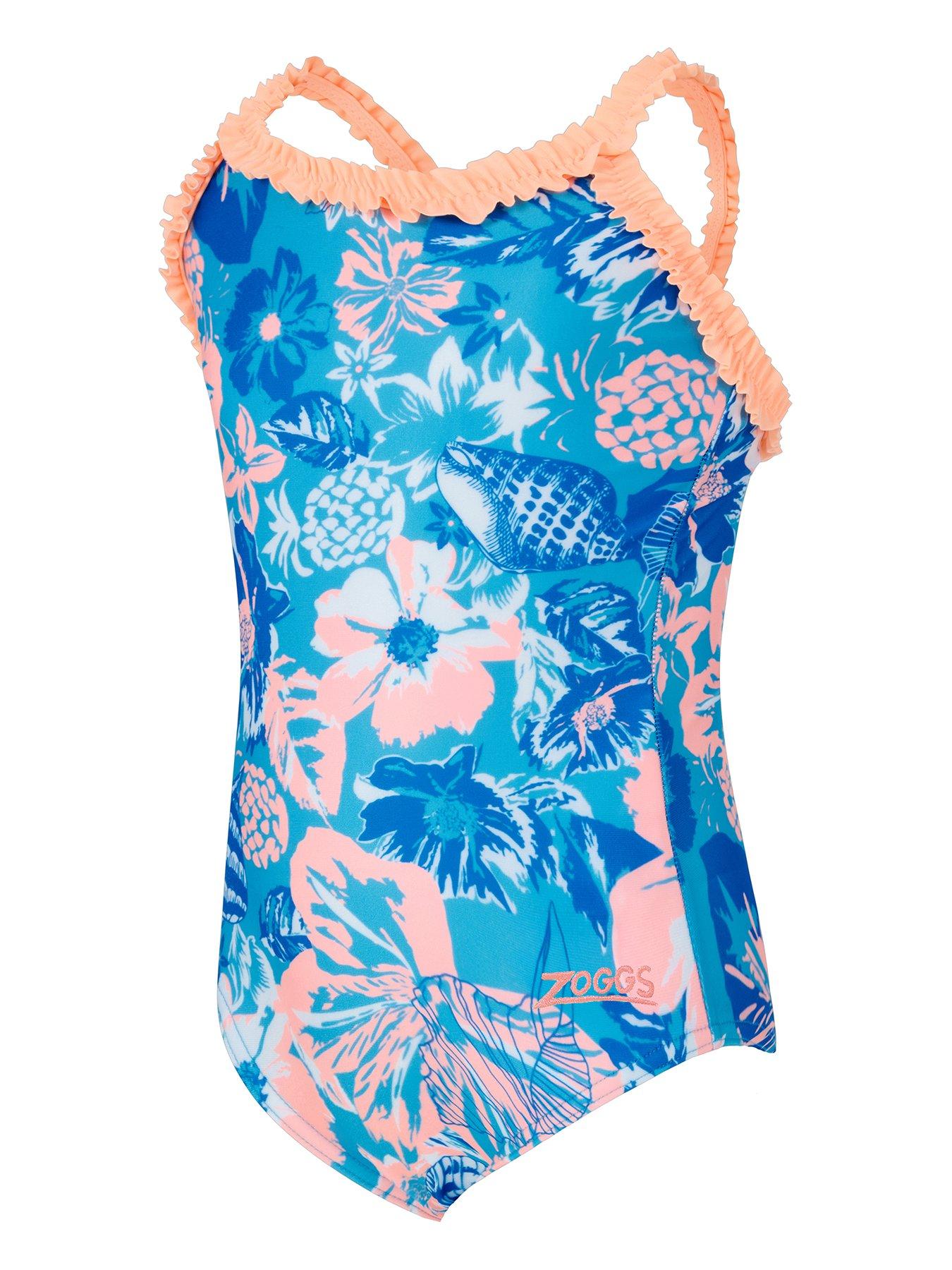 Zoggs Kids Girls Bahia Ruffle Crossback Swimsuit - Blue