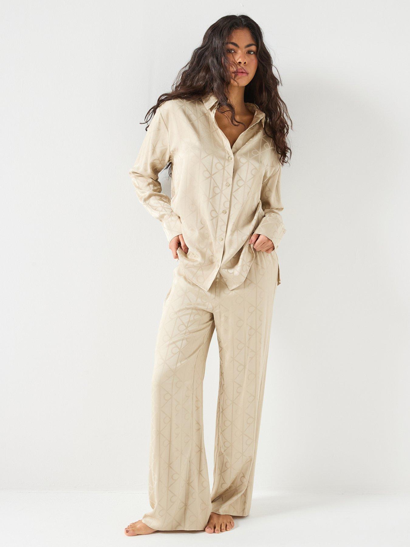 Calvin Klein Satin Long Sleeve Shirt And Pants Set - Cream