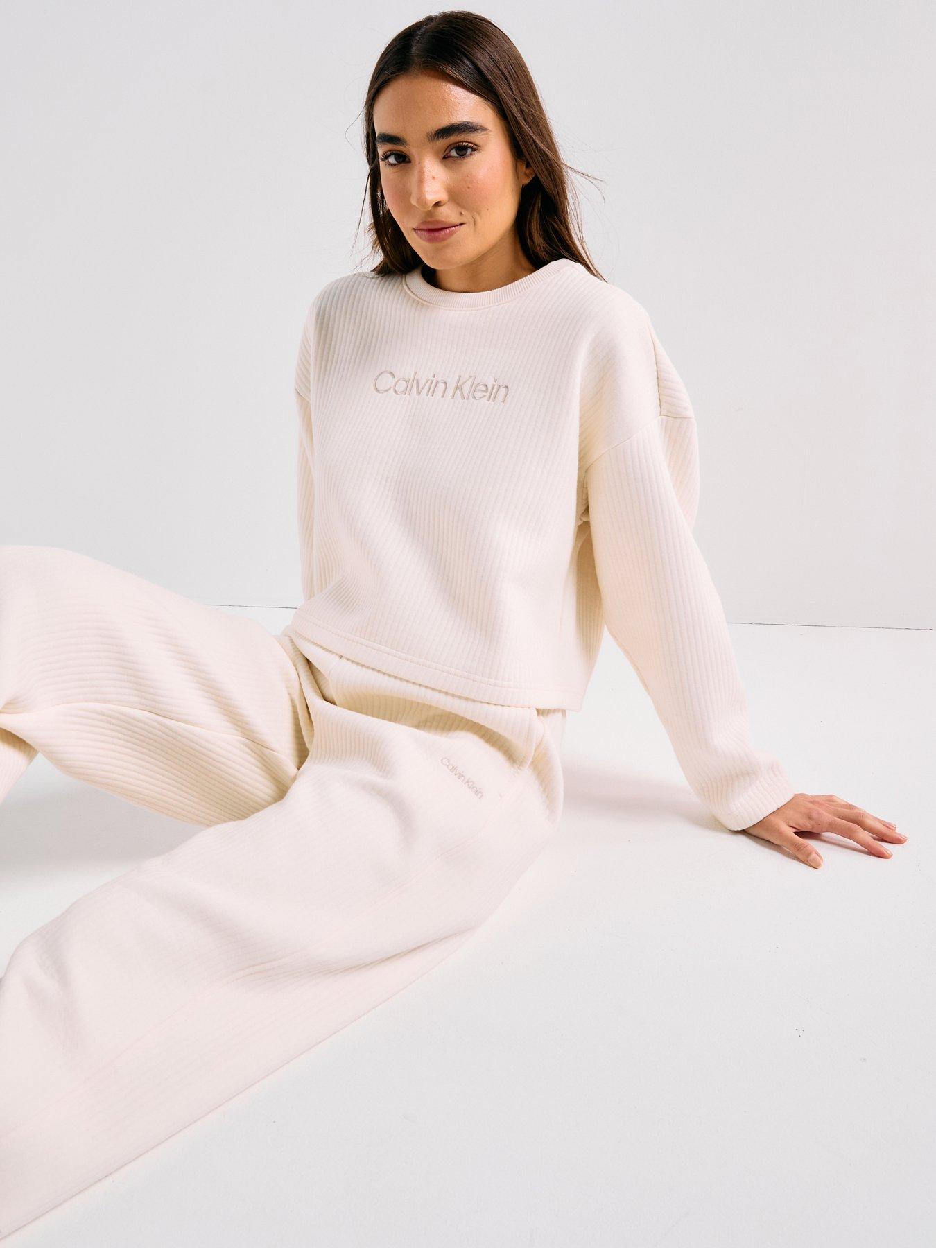 Image 1 of 6 of Calvin Klein Long Sleeve Quilted Sweatshirt - Cream