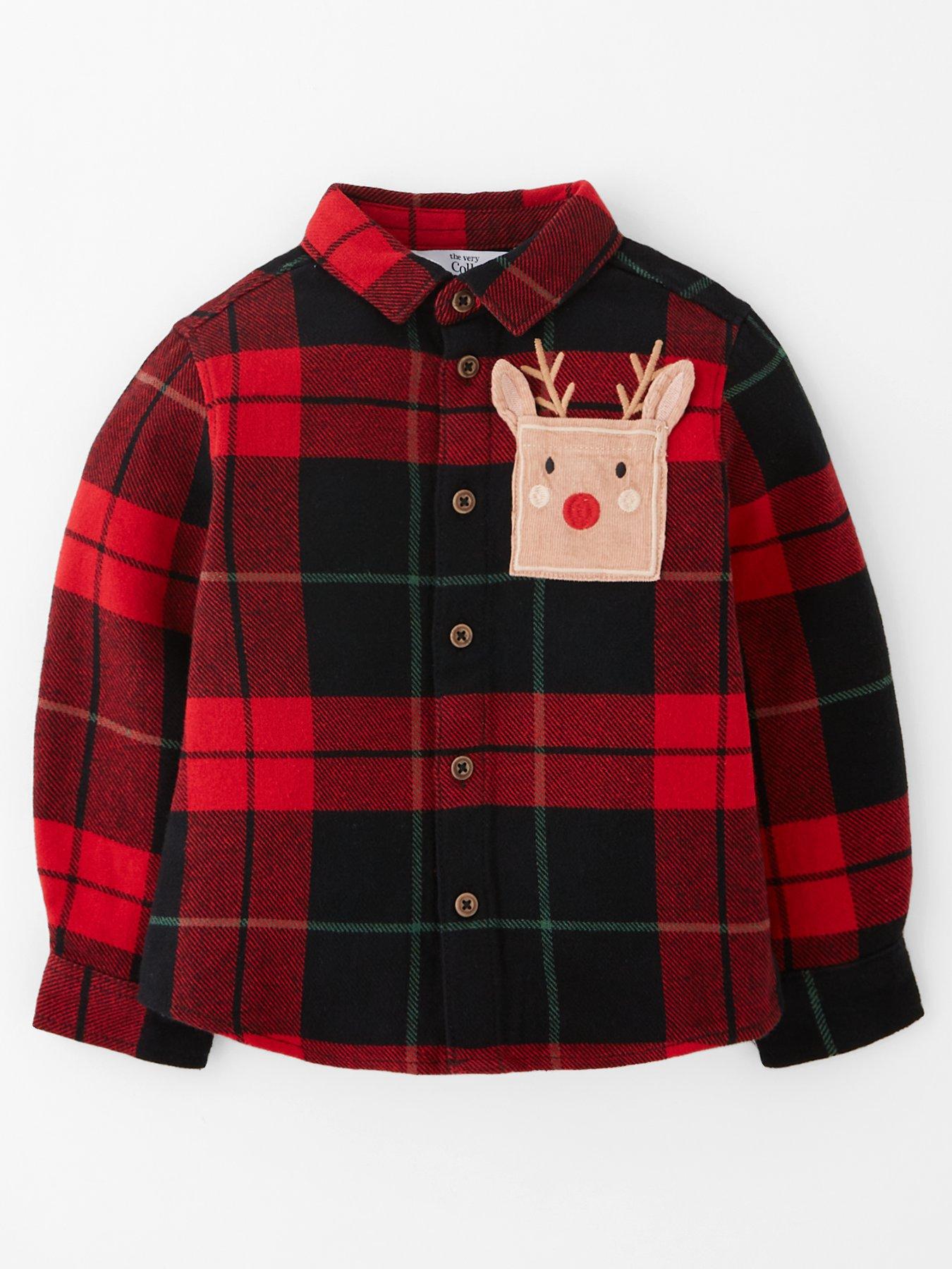 The Very Collection Boys Festive Check Reindeer Shirt - Red
