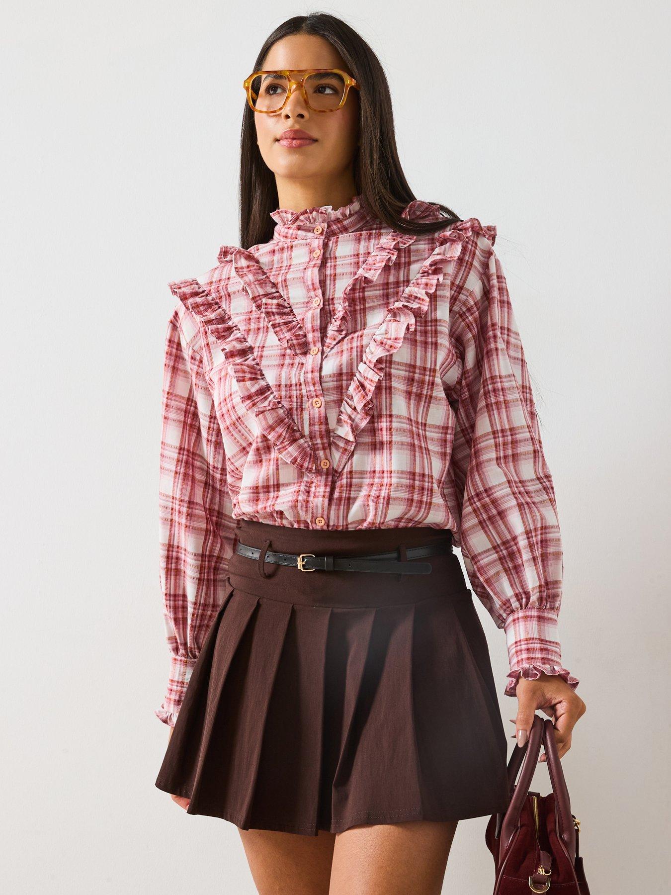 Image 1 of 6 of V by Very Checked Ruffle Shirt - Pink