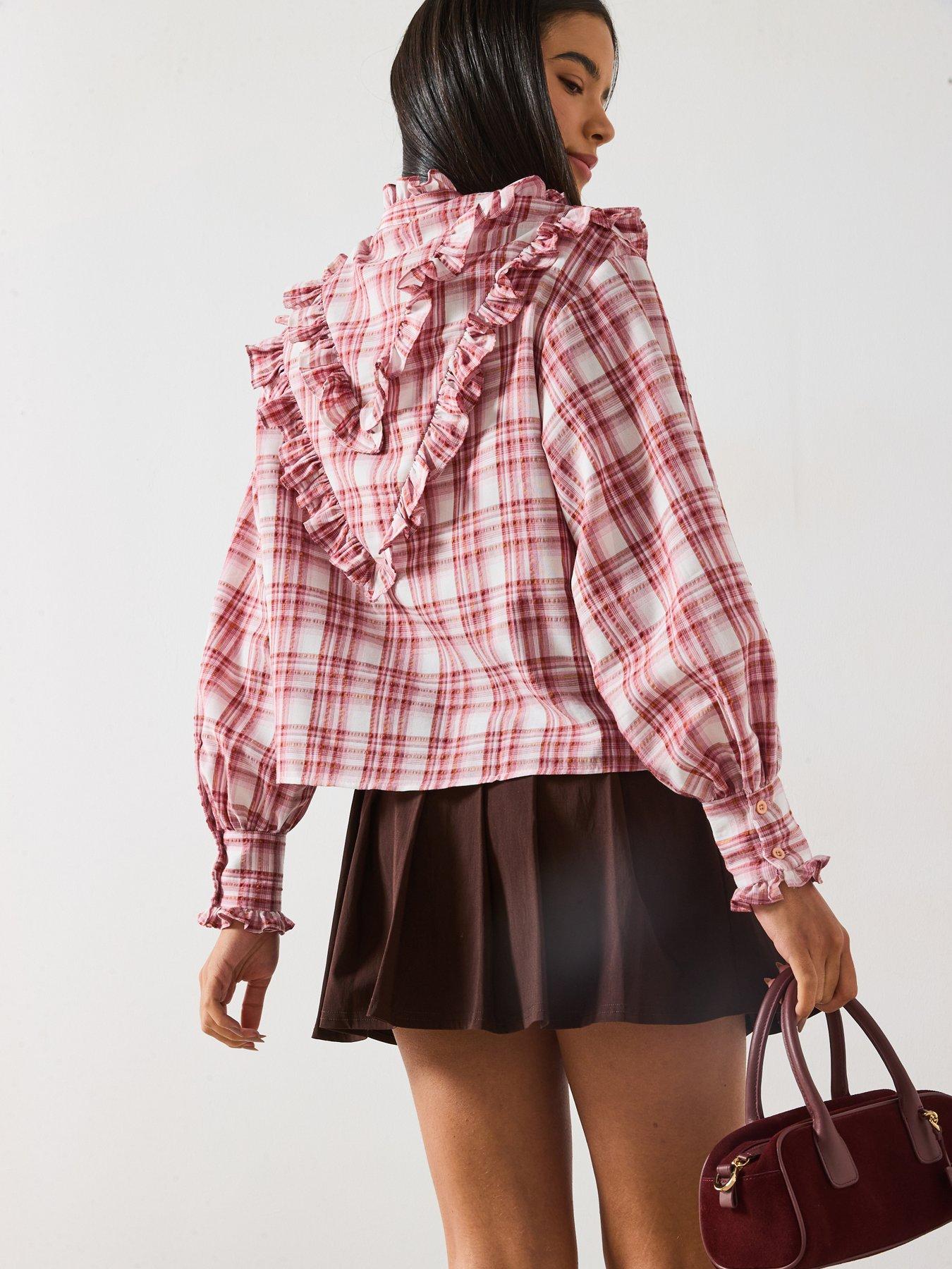Image 2 of 6 of V by Very Checked Ruffle Shirt - Pink