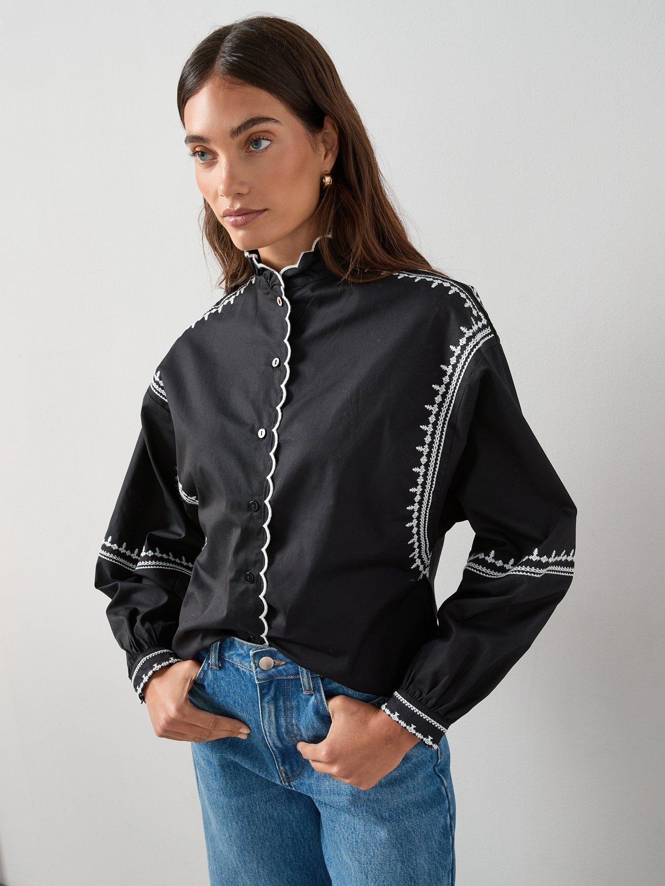 The Very Collection Scallop Trim Button Through Blouse - Black