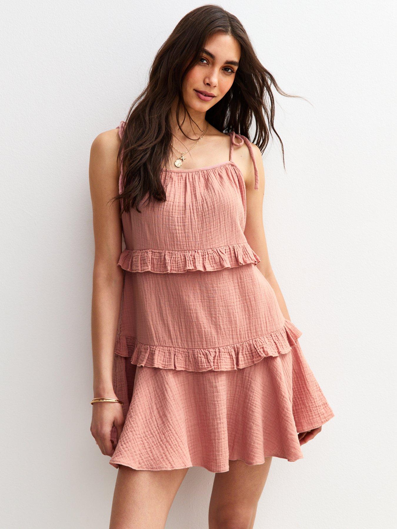 New Look Tie Strap Ruffle Trimmed Mini Dress - Pink