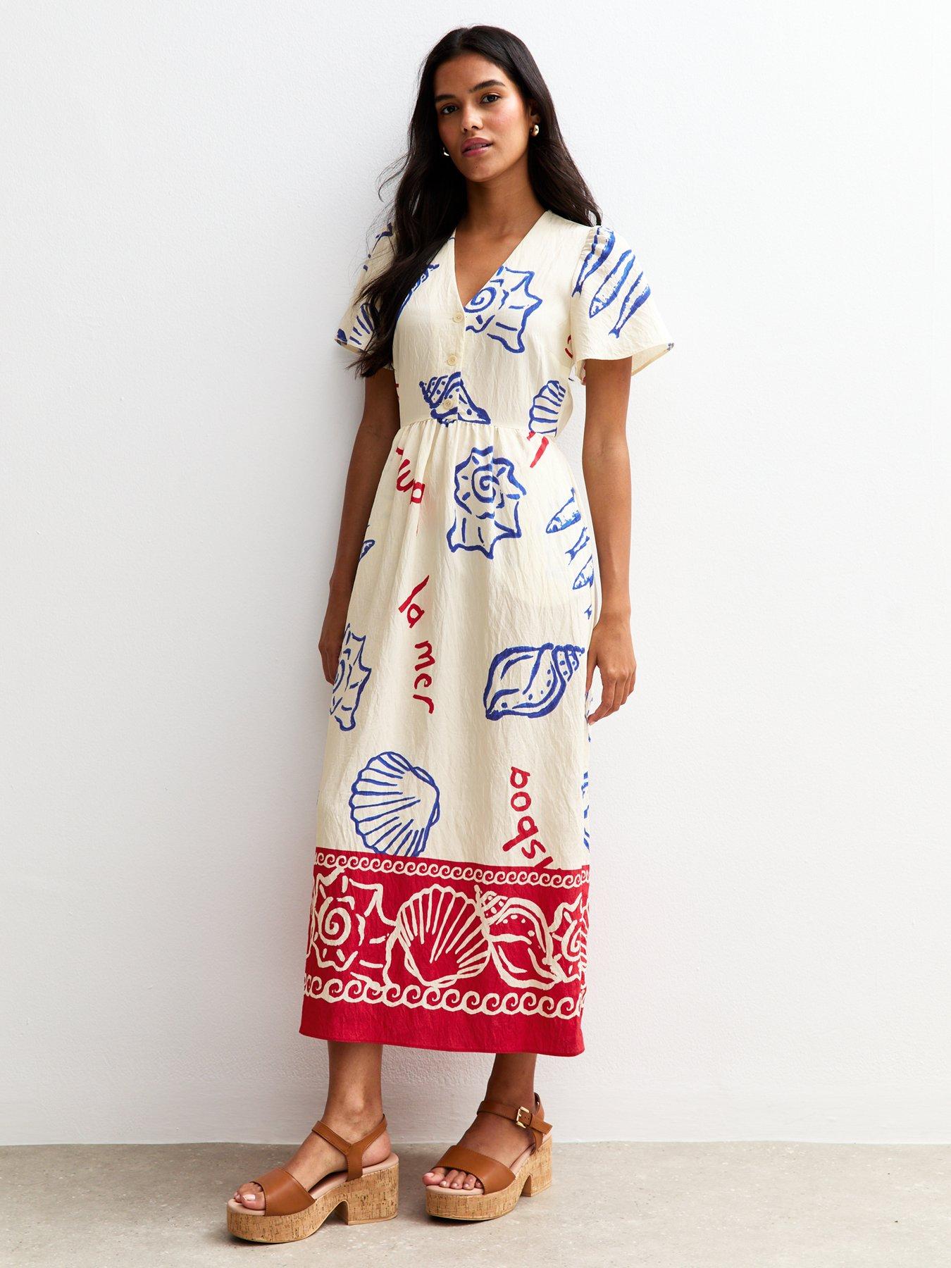 undefined Off White Shell Print Flutter Sleeve Button Midi Dress - Cream