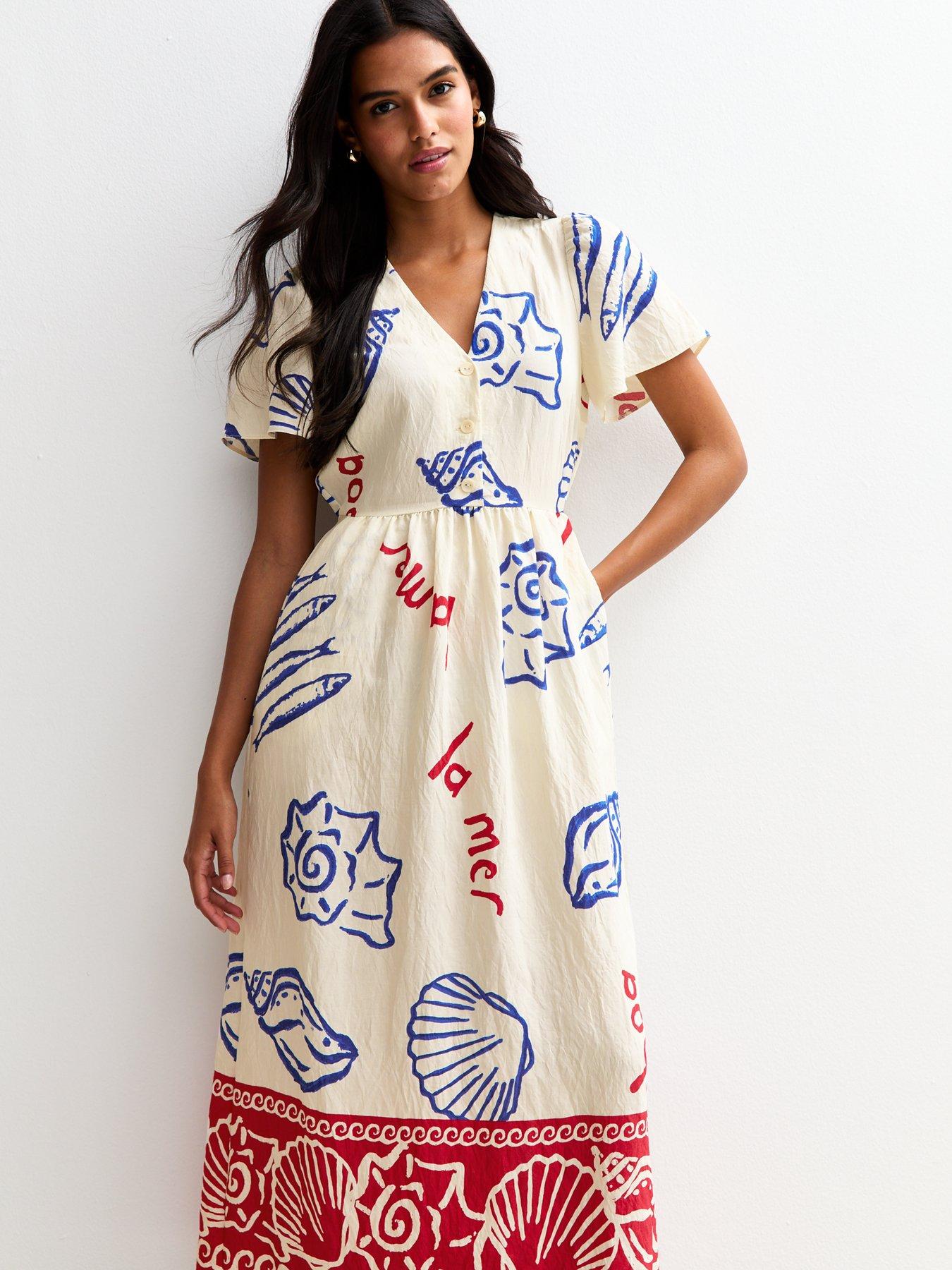 new-look-off-white-shell-print-flutter-sleeve-button-midi-dress-creamback