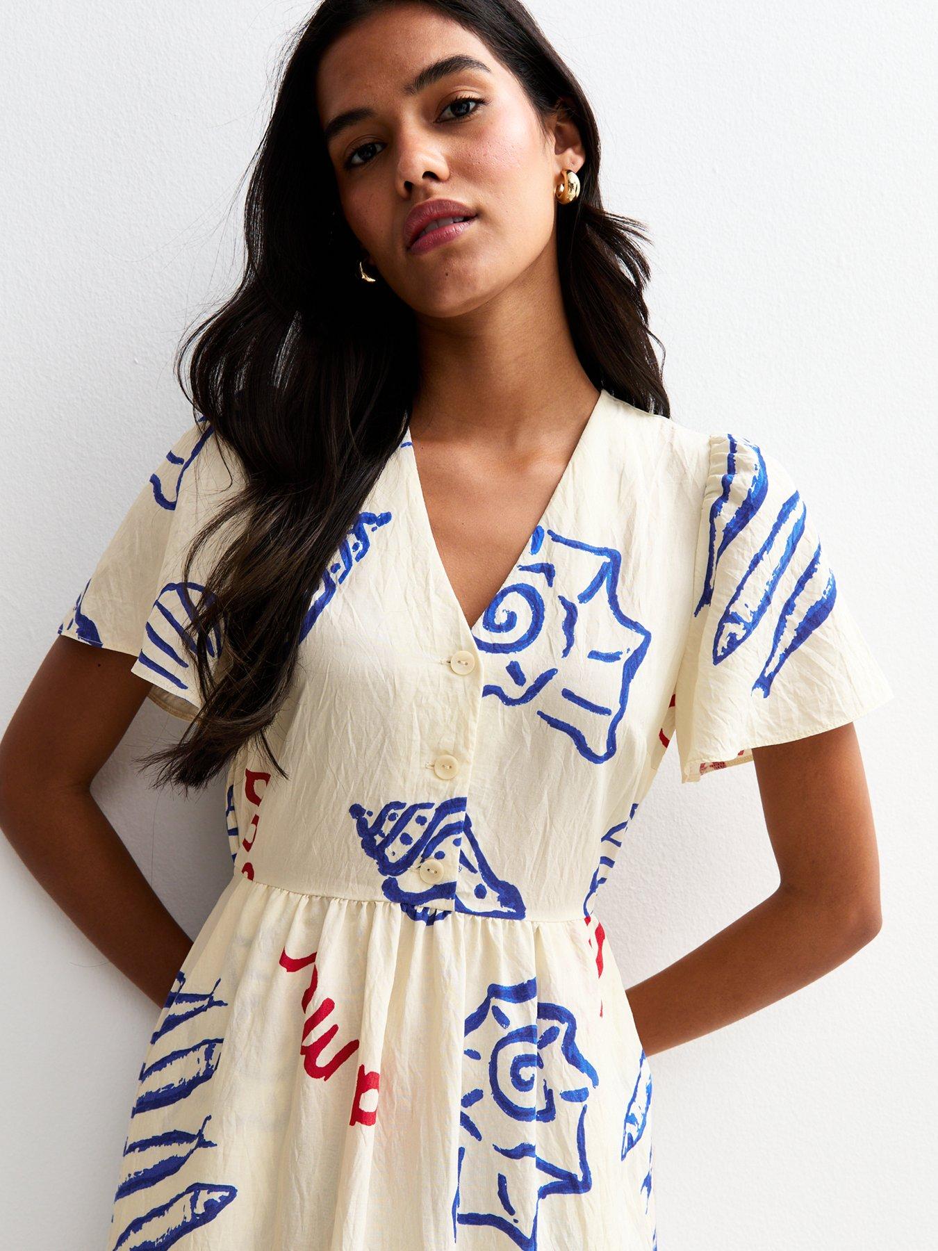new-look-off-white-shell-print-flutter-sleeve-button-midi-dress-creamoutfit