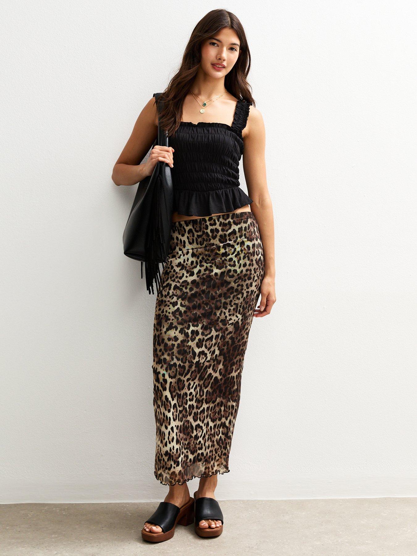 New Look Brown Mesh Animal Print Midi Skirt