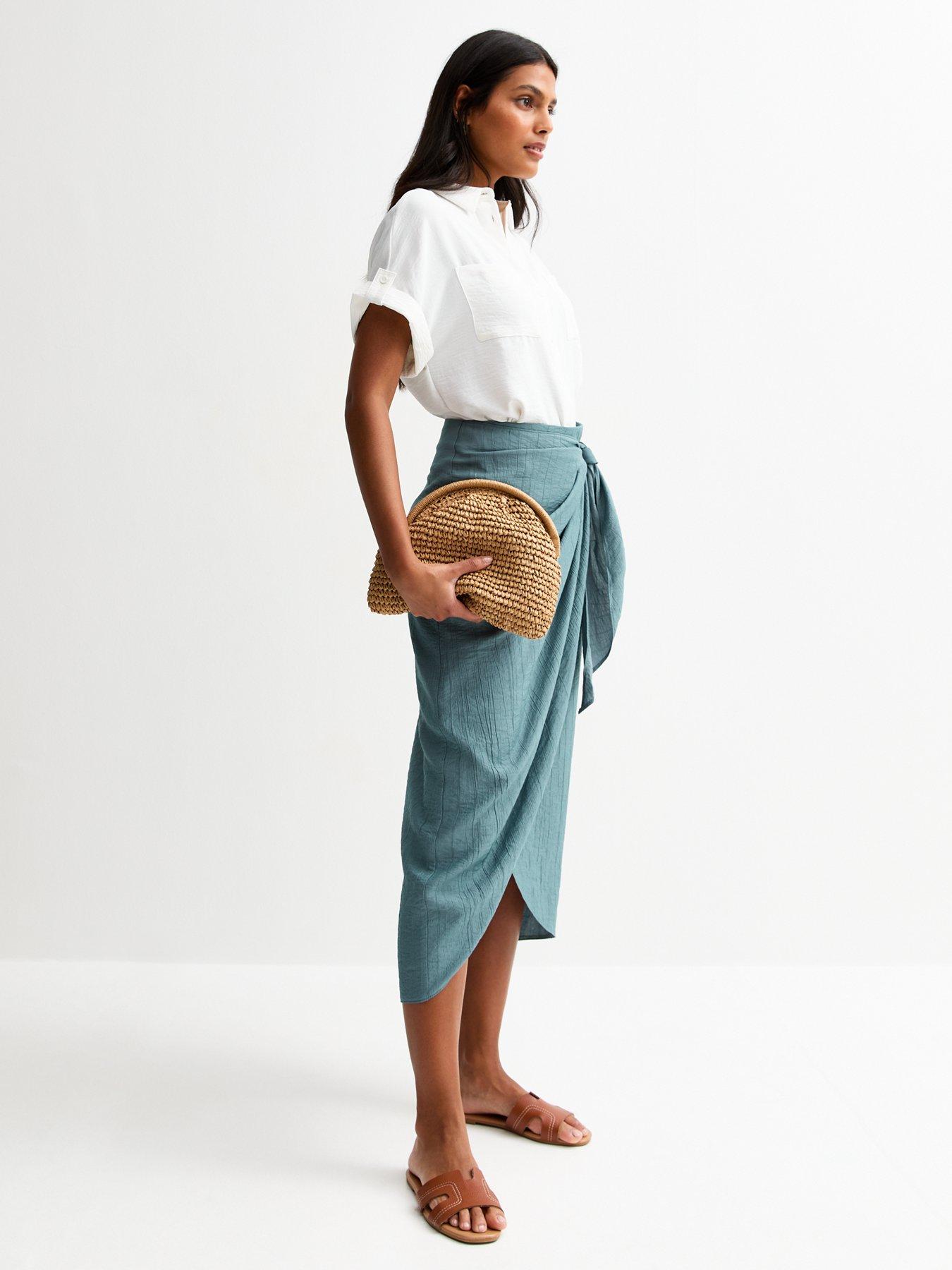undefined Blue Crinkled Wrap Midi Skirt