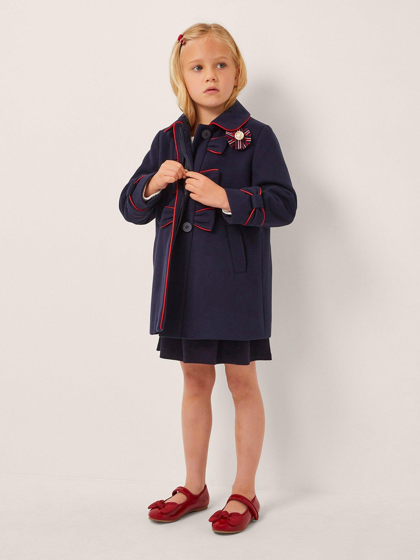 Monsoon Girls Red Piped Bow Coat - Navy