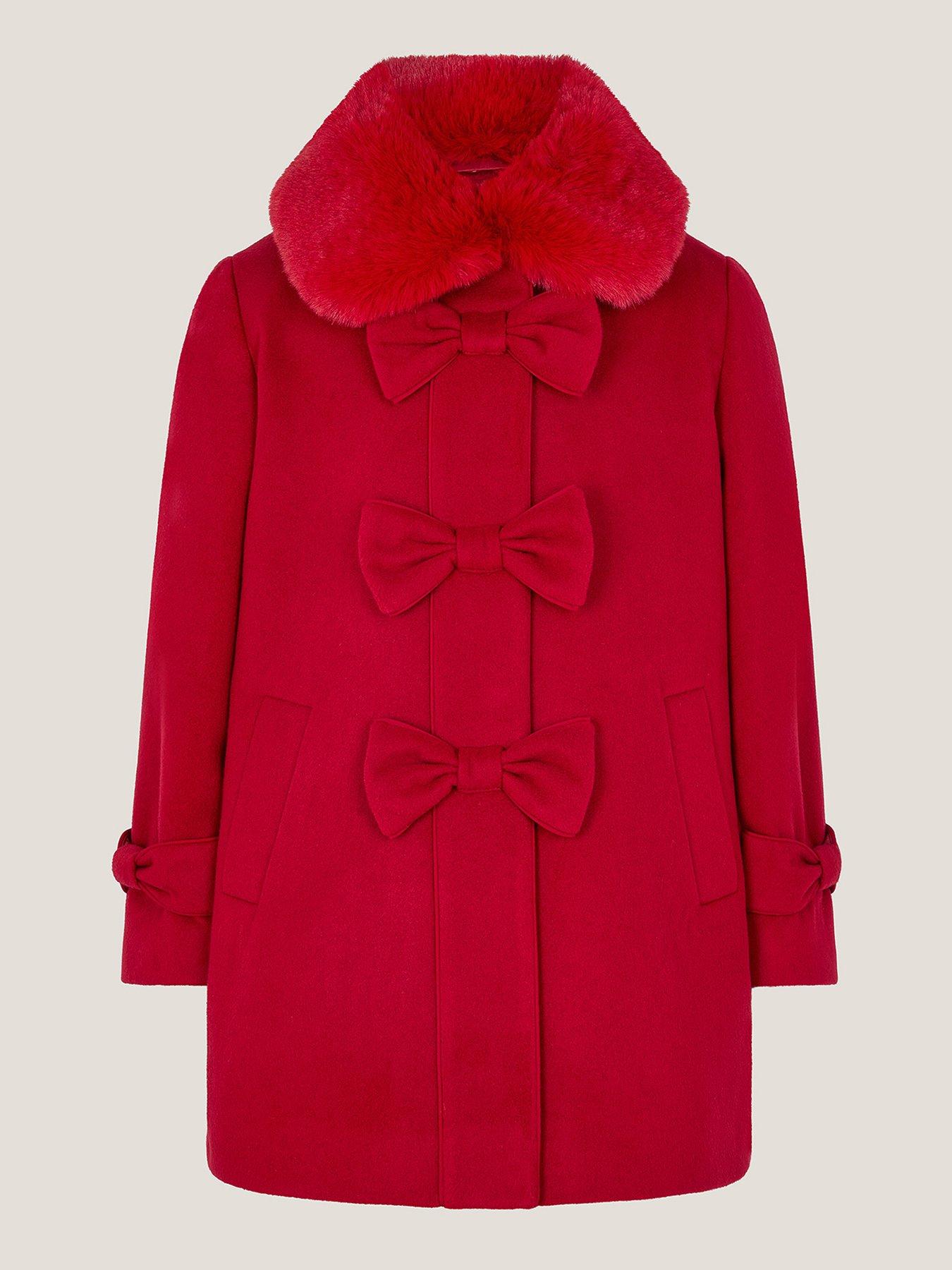 Monsoon Girls Bow Fur Swing Coat - Red