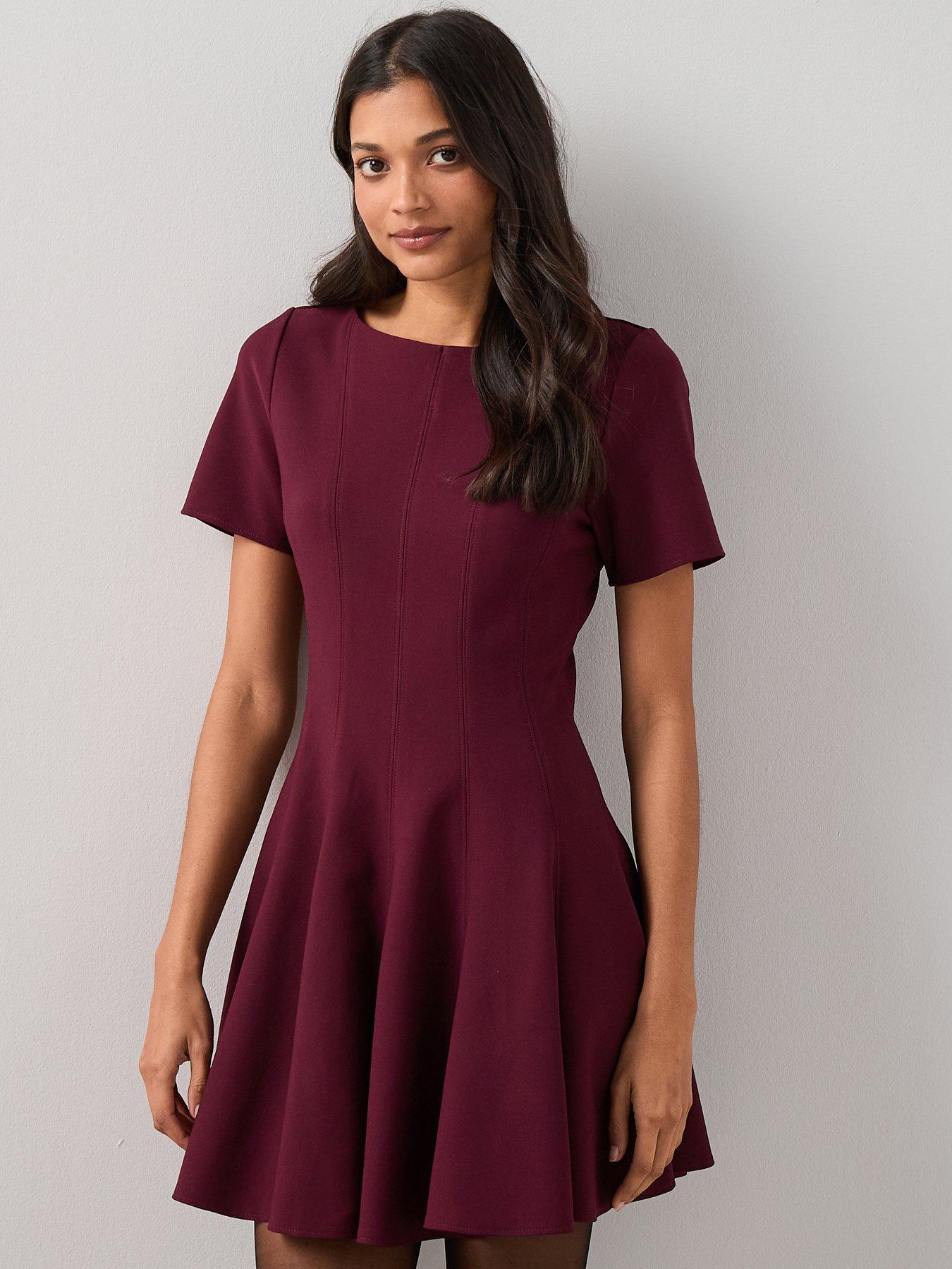 The Very Collection Short Sleeve Godet Mini Dress Burgundy - Red | Very  Ireland