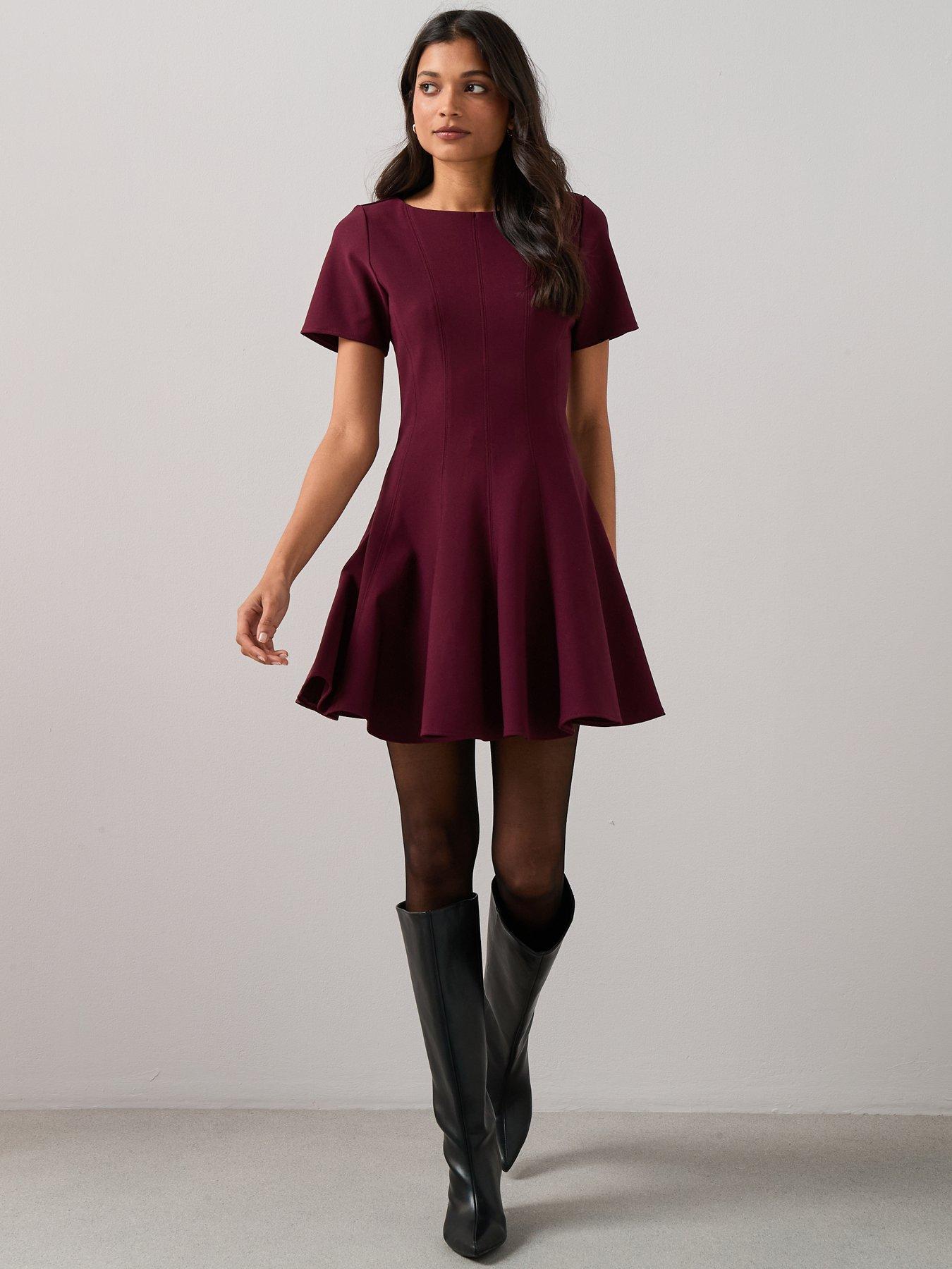 the-very-collection-short-sleeve-godet-mini-dress-burgundy-redback