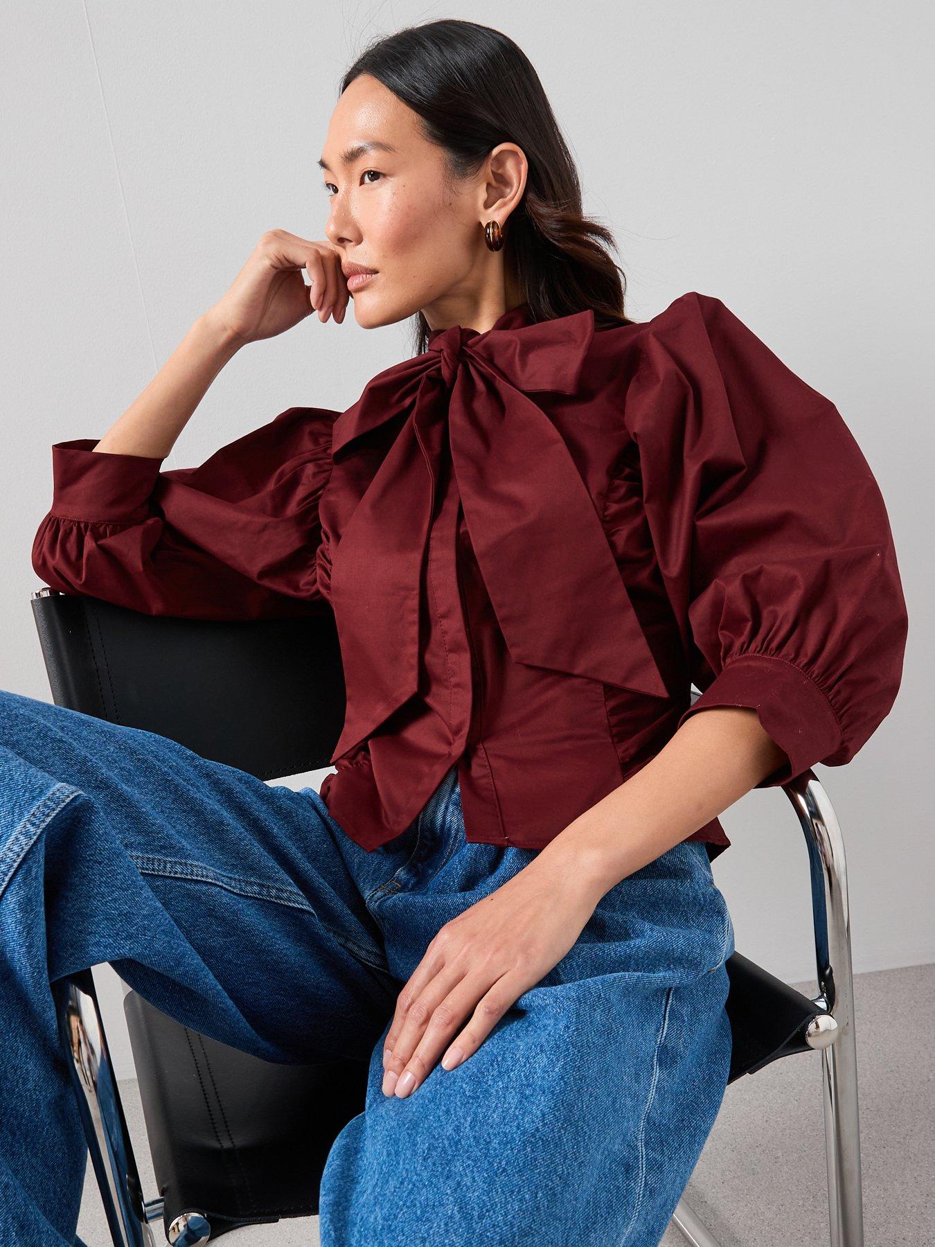 Image 4 of 7 of The Very Collection Pussy Bow Balloon Sleeve Blouse - Plum