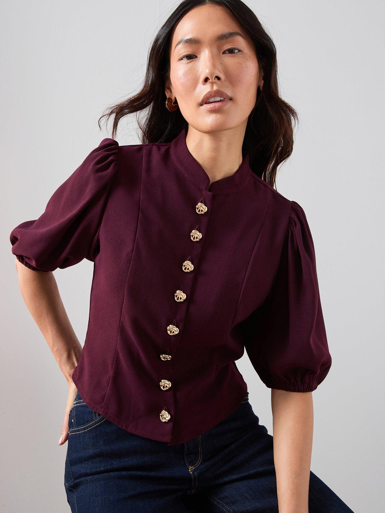 the-very-collection-puff-sleeve-button-through-blouse-burgundyfront