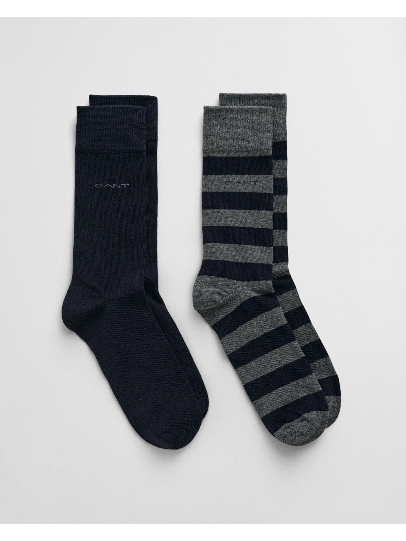 GANT 2 Pack Barstripe  &  Solid Crew Socks - Dark Grey