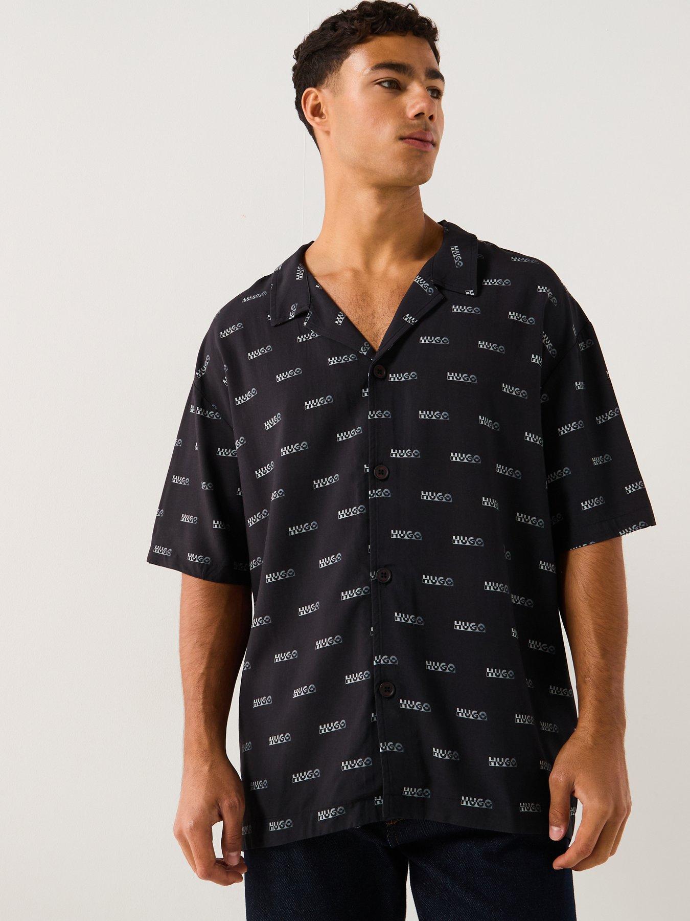 HUGO Relaxed Fit Multi Logo Rivere Short Sleeve Shirt - Black