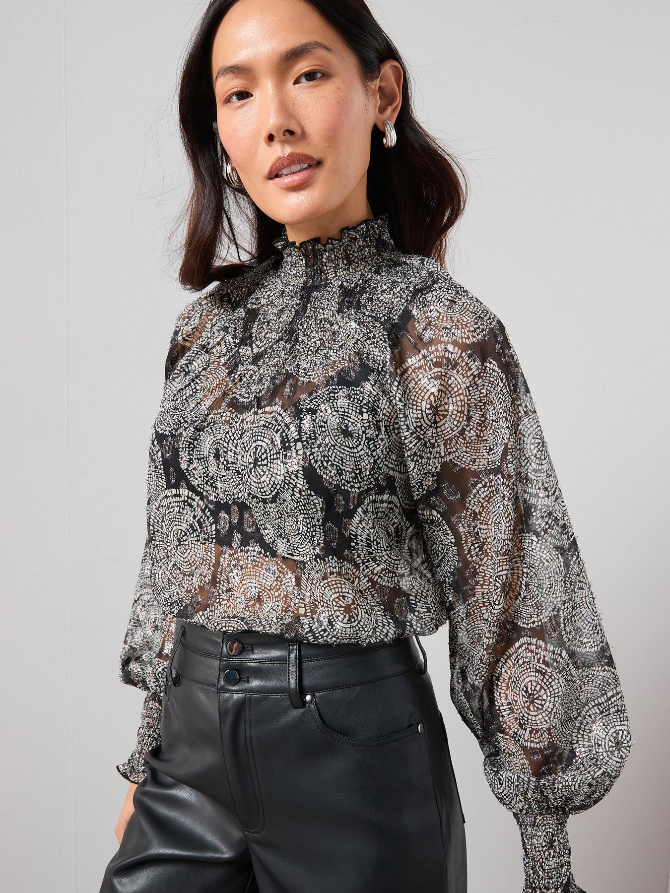 the-very-collection-lurex-printed-shirred-blouse-black