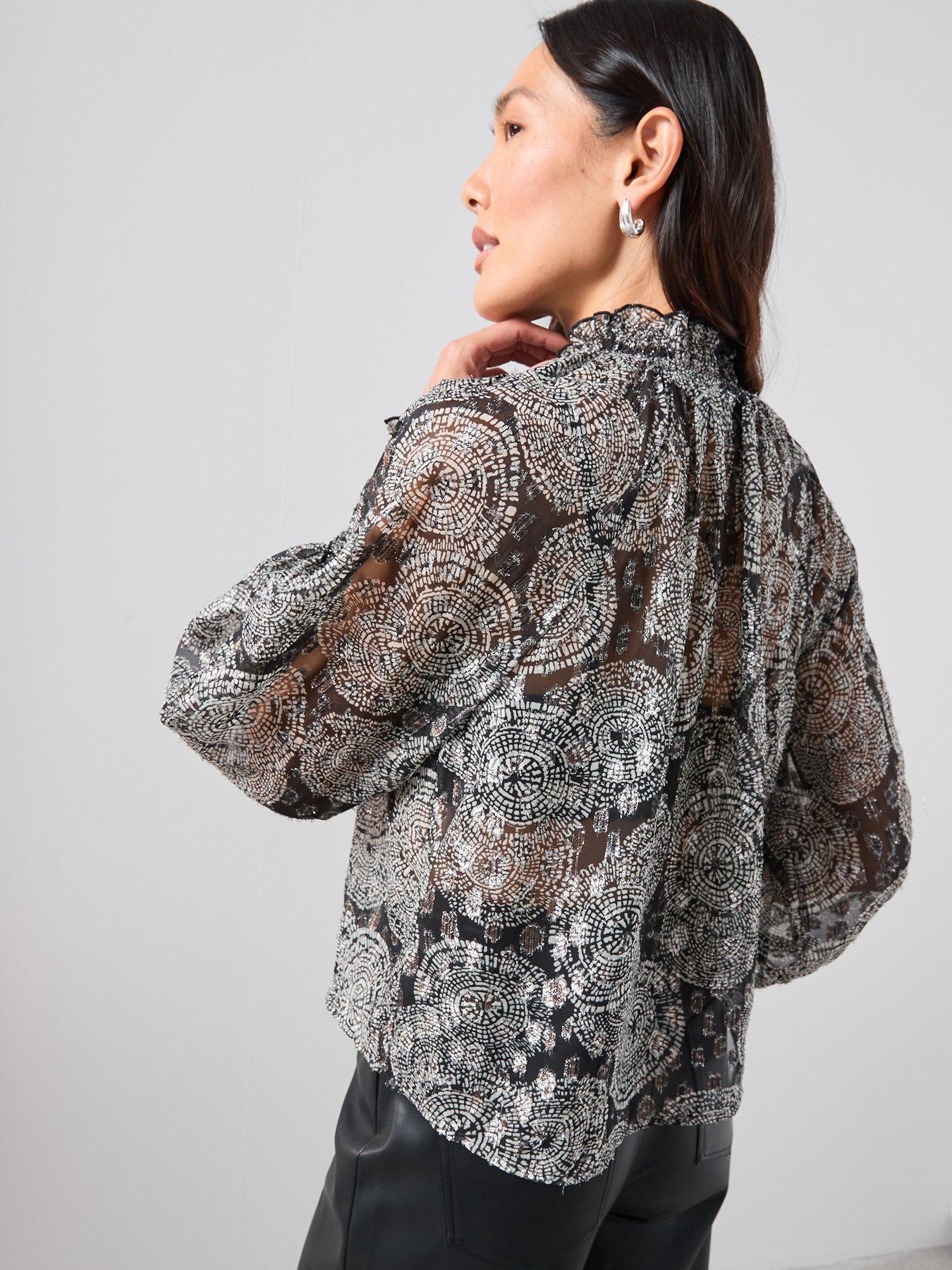 the-very-collection-lurex-printed-shirred-blouse-blackstillFront