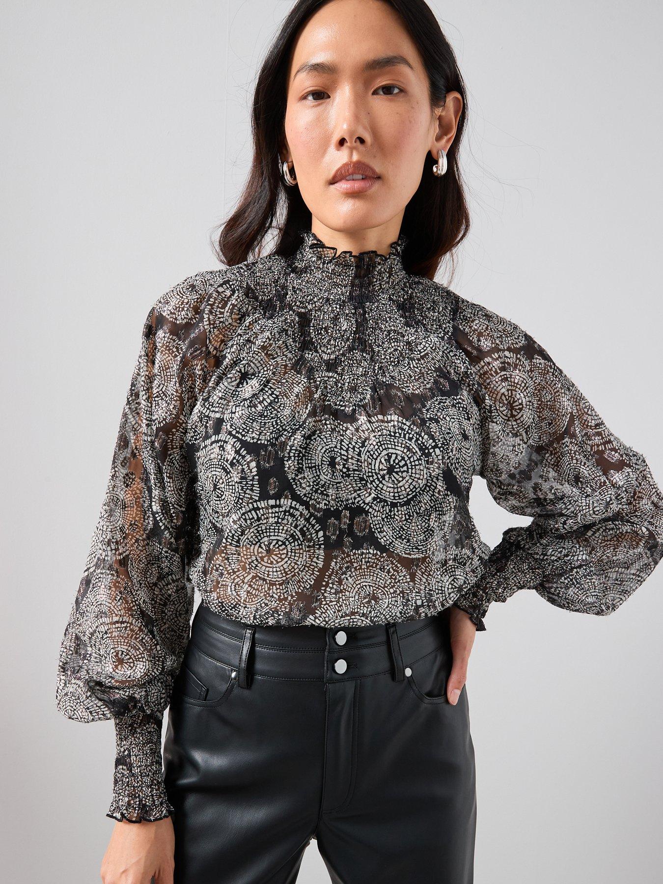 the-very-collection-lurex-printed-shirred-blouse-blackdetail