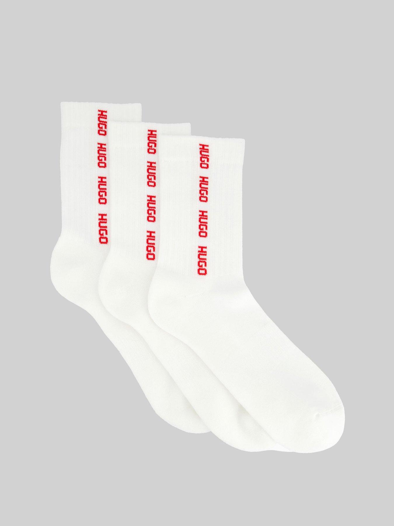 HUGO Hugo 3 Pack Tape Logo Ribbed Crew Socks - White