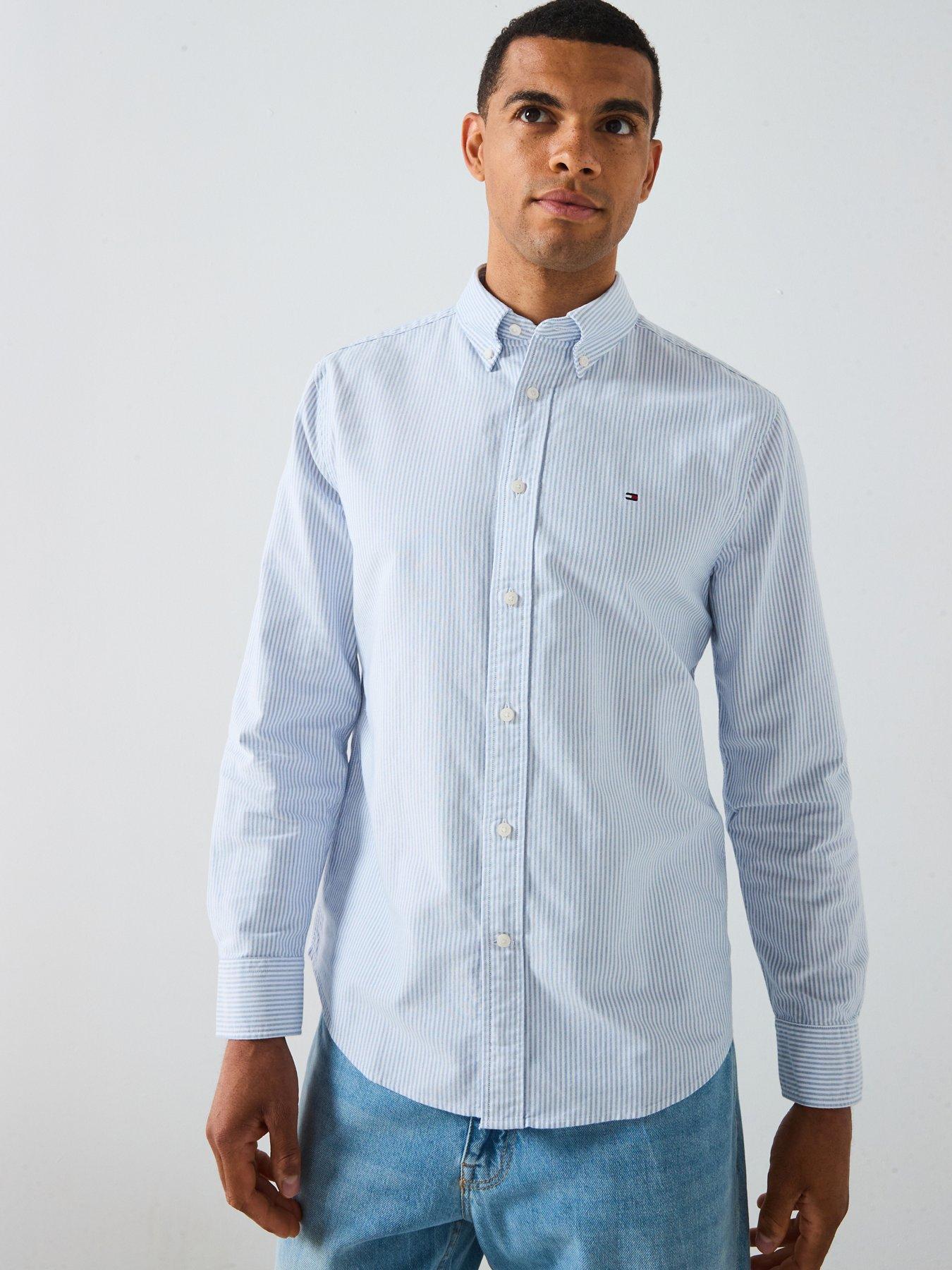 Image 1 of 6 of Tommy Hilfiger Long Sleeve Regular Fit Stripe Oxford Shirt - Light Blue
