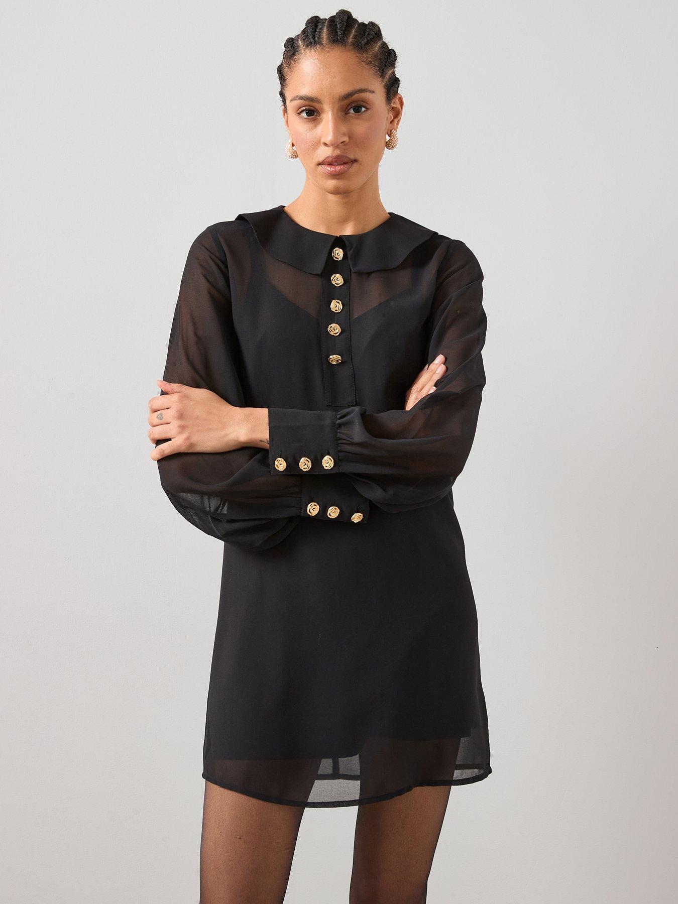 the-very-collection-rose-button-collar-mini-shift-dress-blackfront