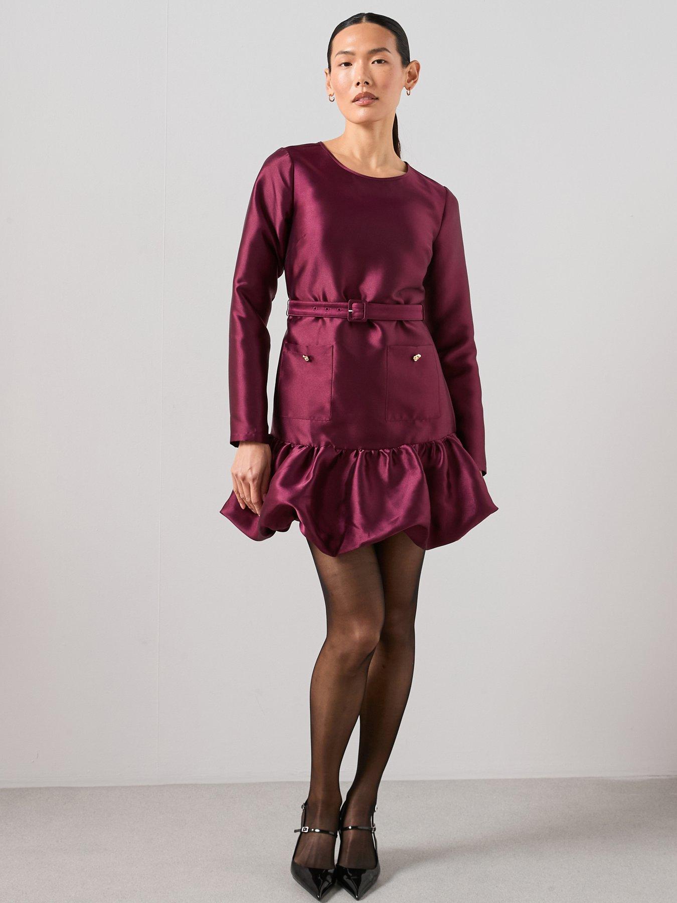 The Very Collection Satin Puff Ball Belted Mini Dress - Plum