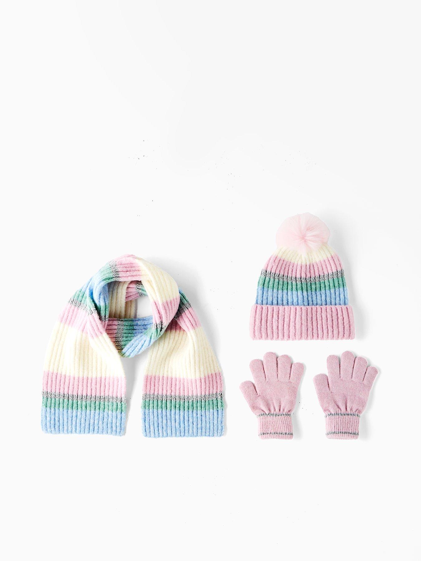 The Very Collection Kids Lurex Stripe Hat, Scarf and Gloves Set 3 Piece - Pink