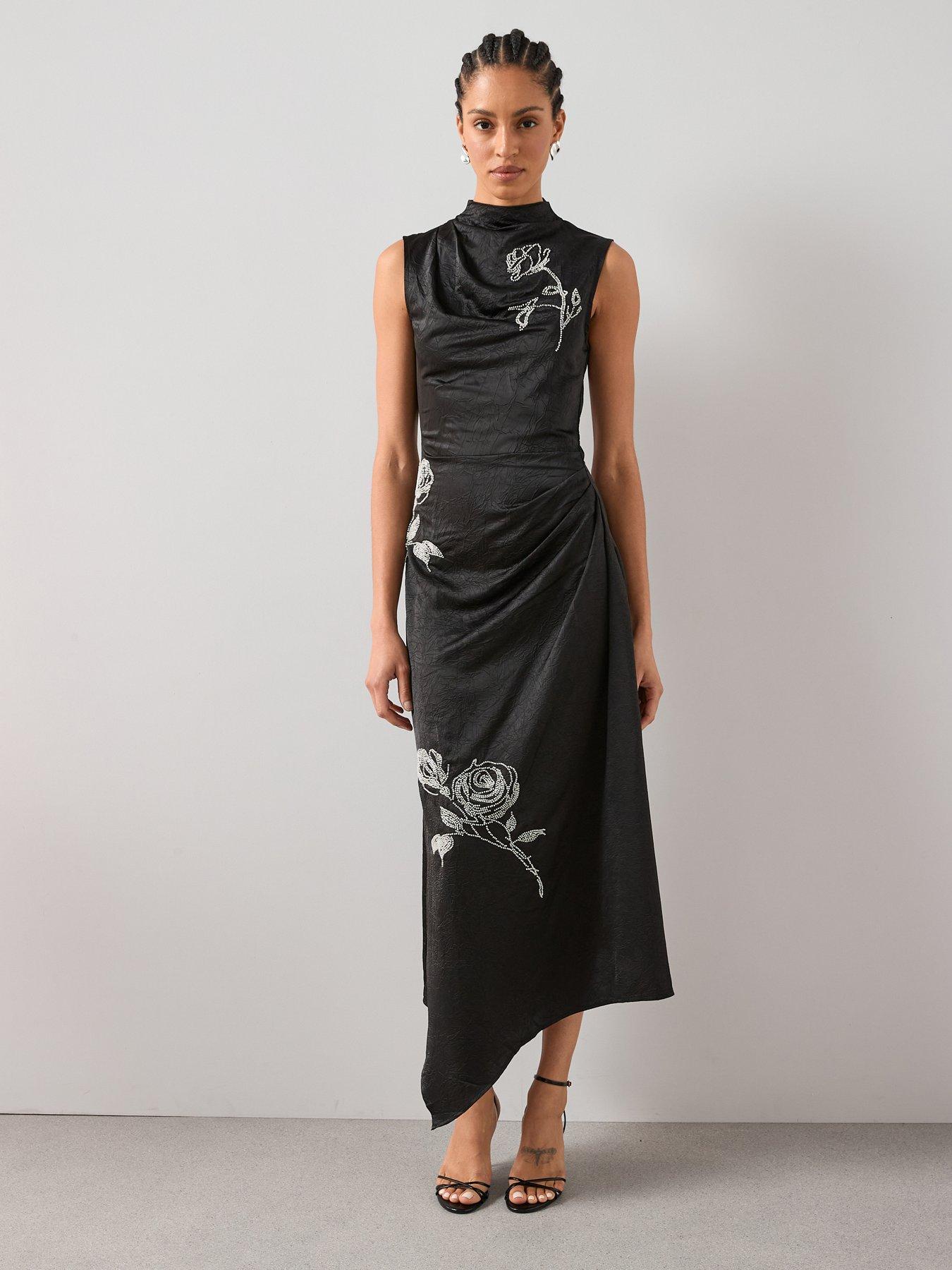 The Very Collection Crinkled Satin Beaded Maxi Dress - Black