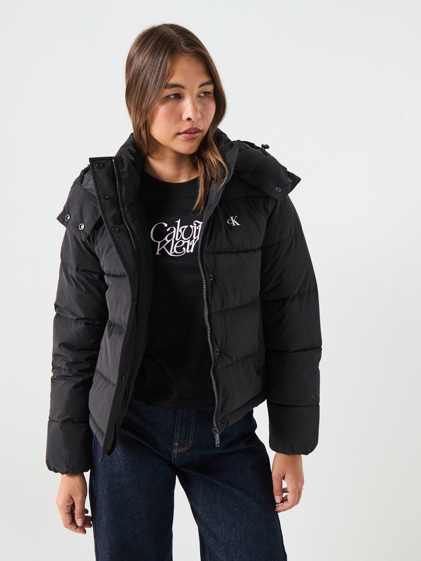 Image 5 of 6 of Calvin Klein Jeans Hooded Monologo Puffer Coat - Black