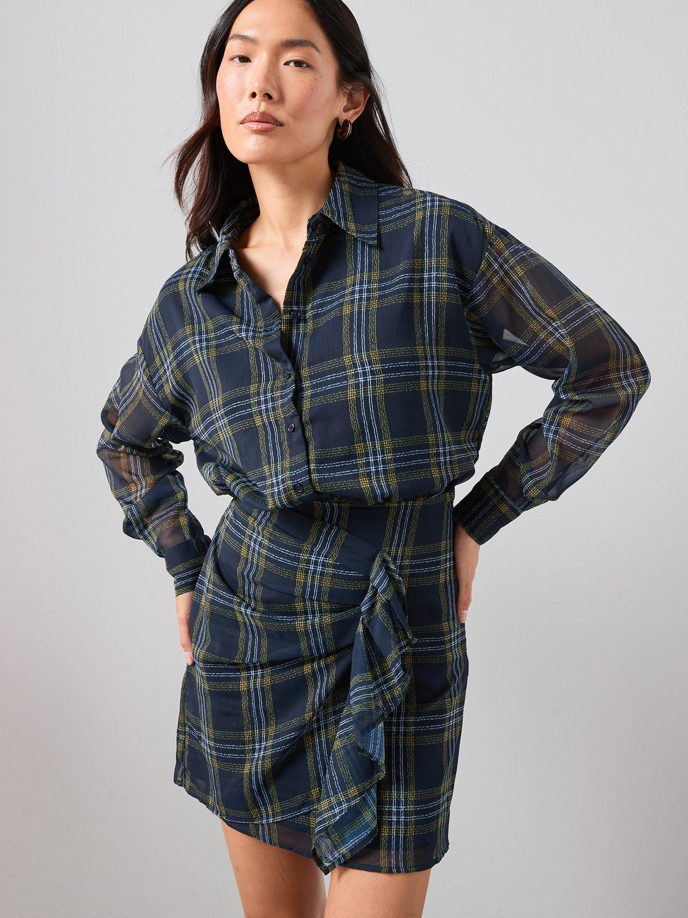 The Very Collection Checked Ruffle Detail Mini Shirt Dress - Print