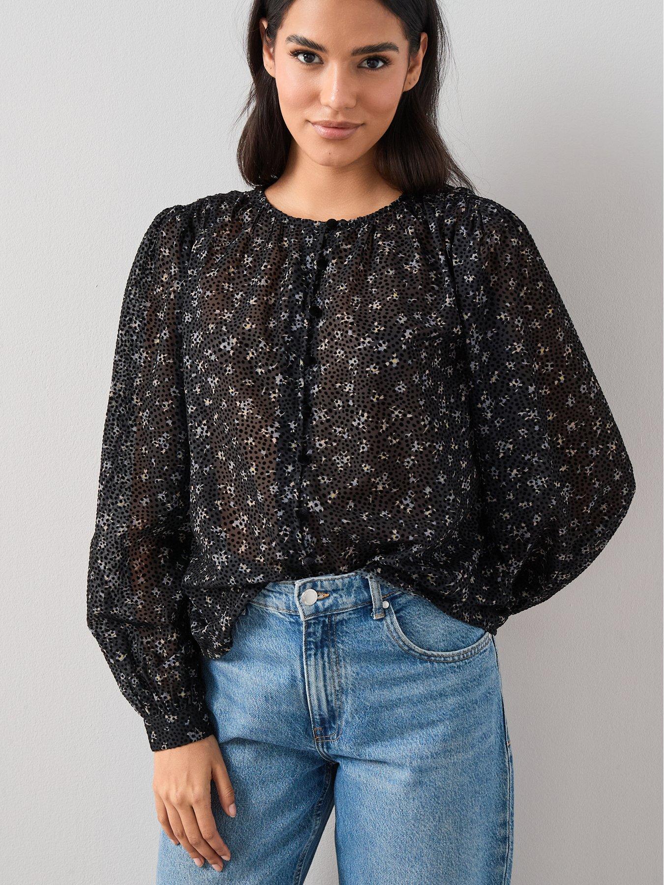 the-very-collection-ditsy-floral-button-through-blouse-blackfront