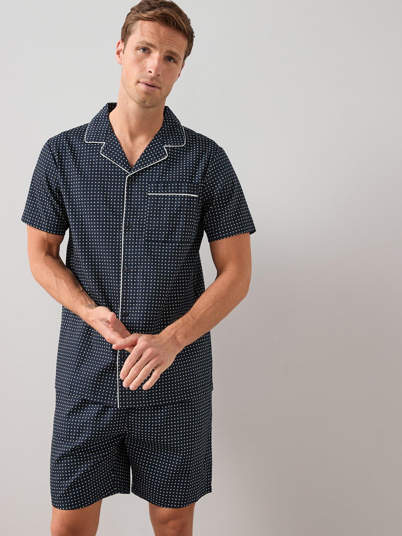 Image 1 of 6 of The Very Collection Pure Cotton Geo Print Short &amp; Shirt Revere Geometric Pyjama Set - Navy