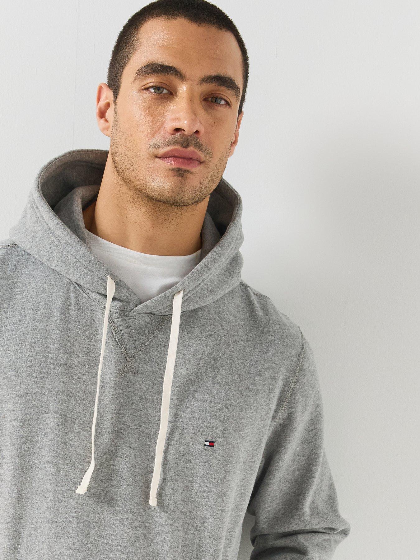 Image 4 of 6 of Tommy Hilfiger Mens Cotton-Blend Fleece Drawstring Hoodie - Grey