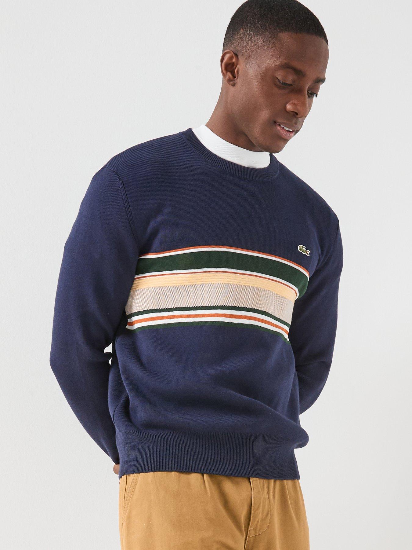 Lacoste Striped Crew Neck Knitted Jumper- Navy