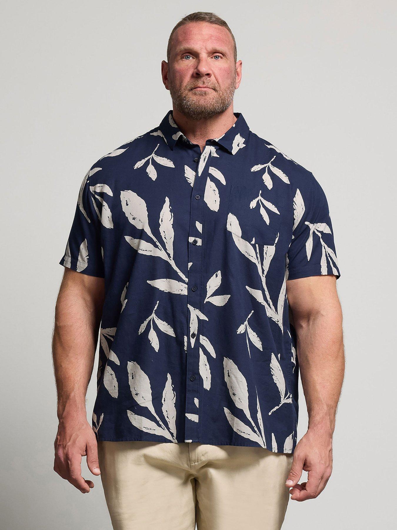 undefined Leaf Print Short Sleeve Linen Shirt - Blue
