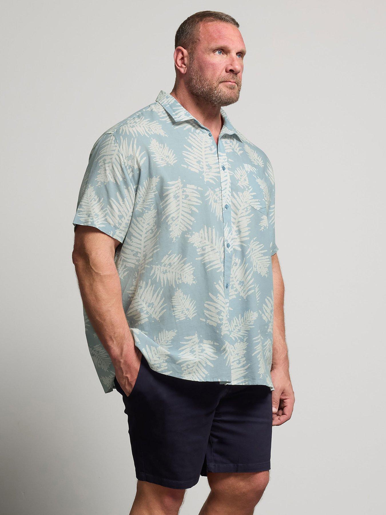 undefined Leaf Print Short Sleeve Linen Shirt - Blue