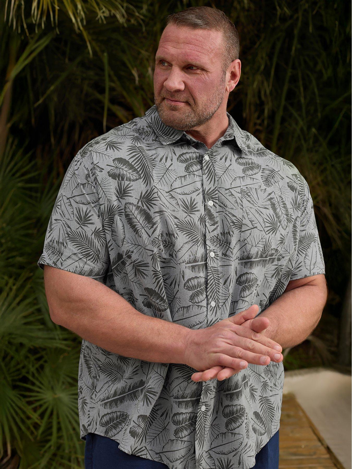 BadRhino Chambray Tonal Leaf Print Short Sleeve Shirt - Grey