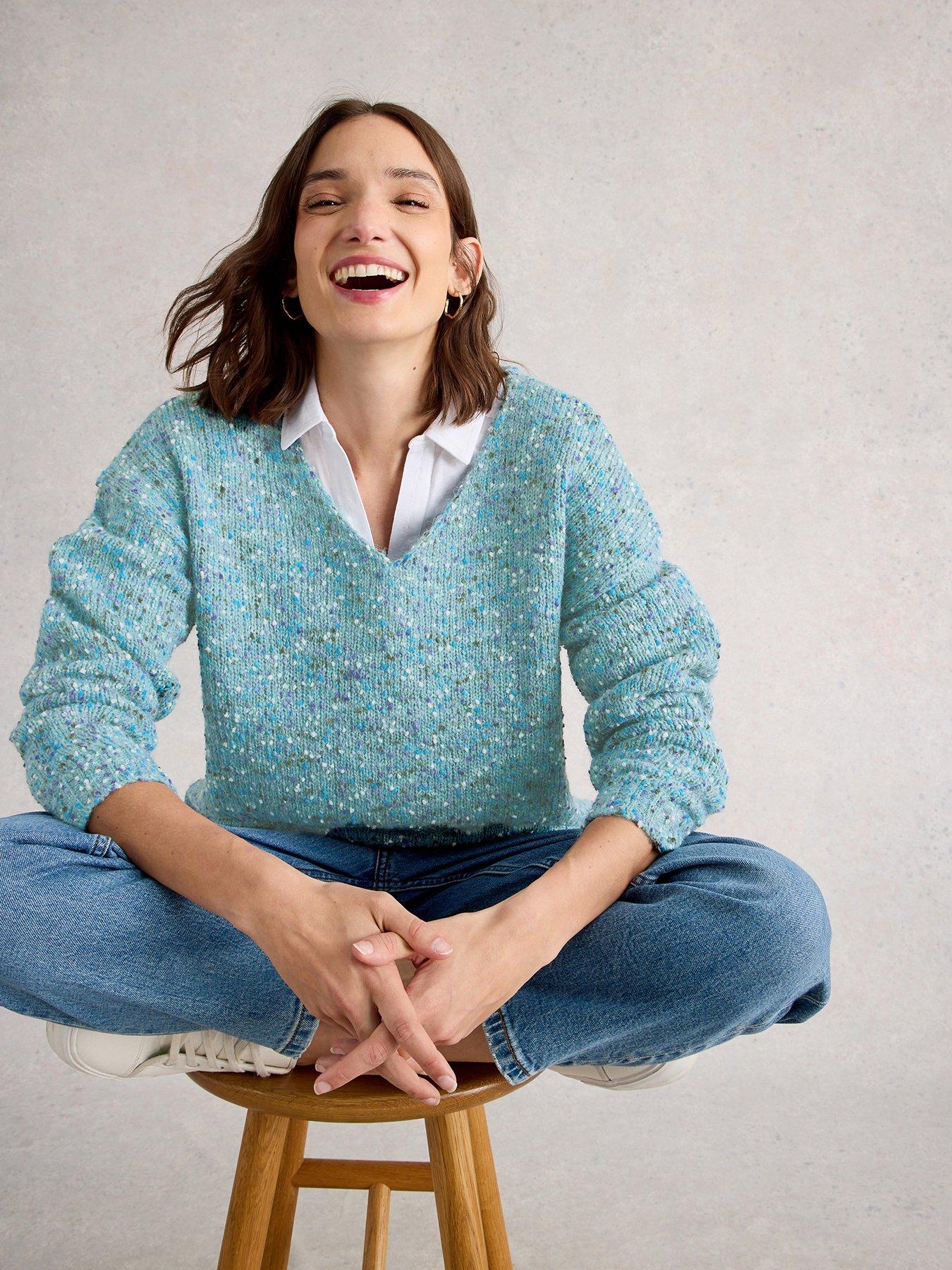 White Stuff Textured V Neck Jumper - Blue