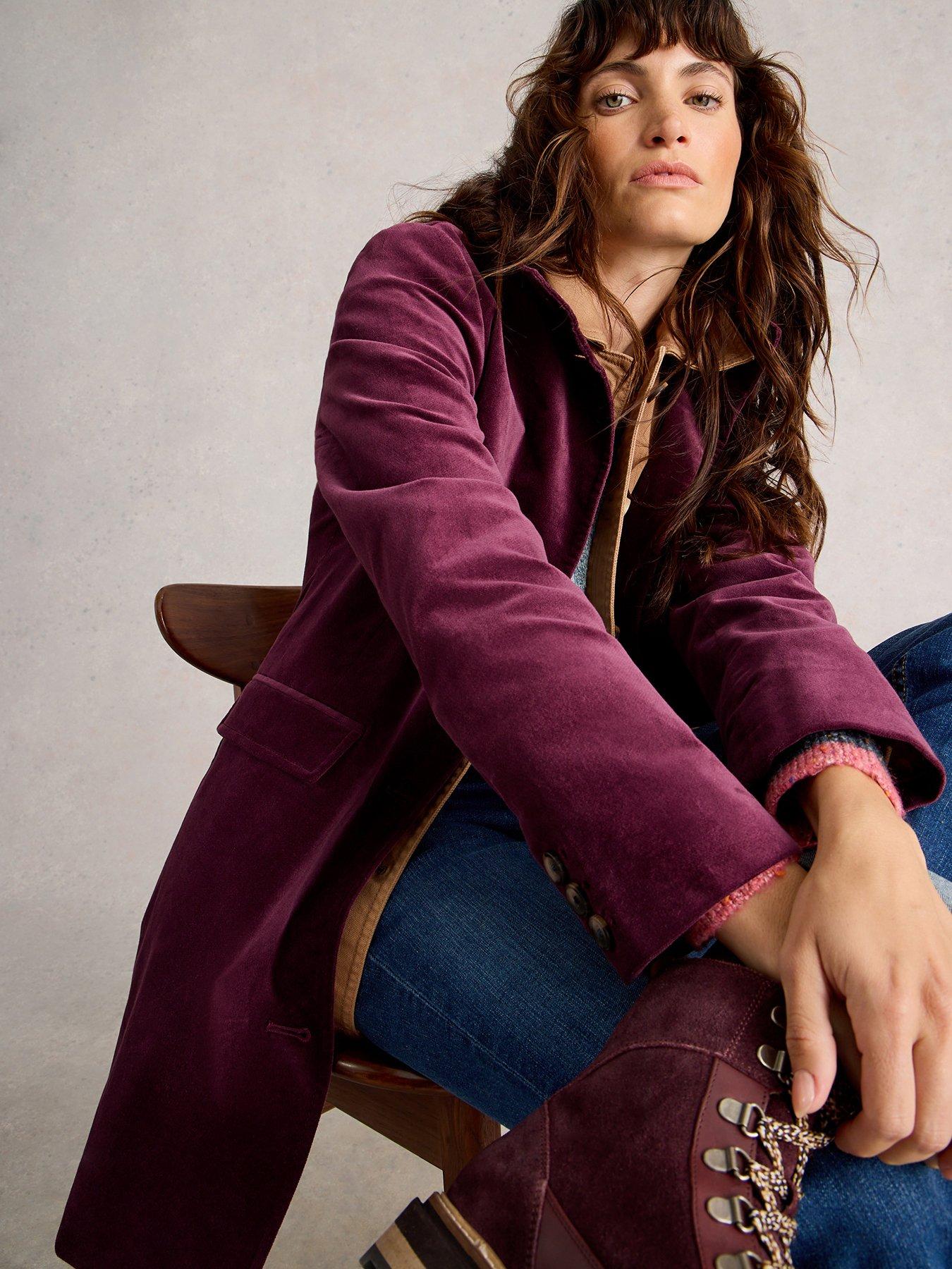 Image 1 of 6 of White Stuff Karla Velvet Coat - Purple